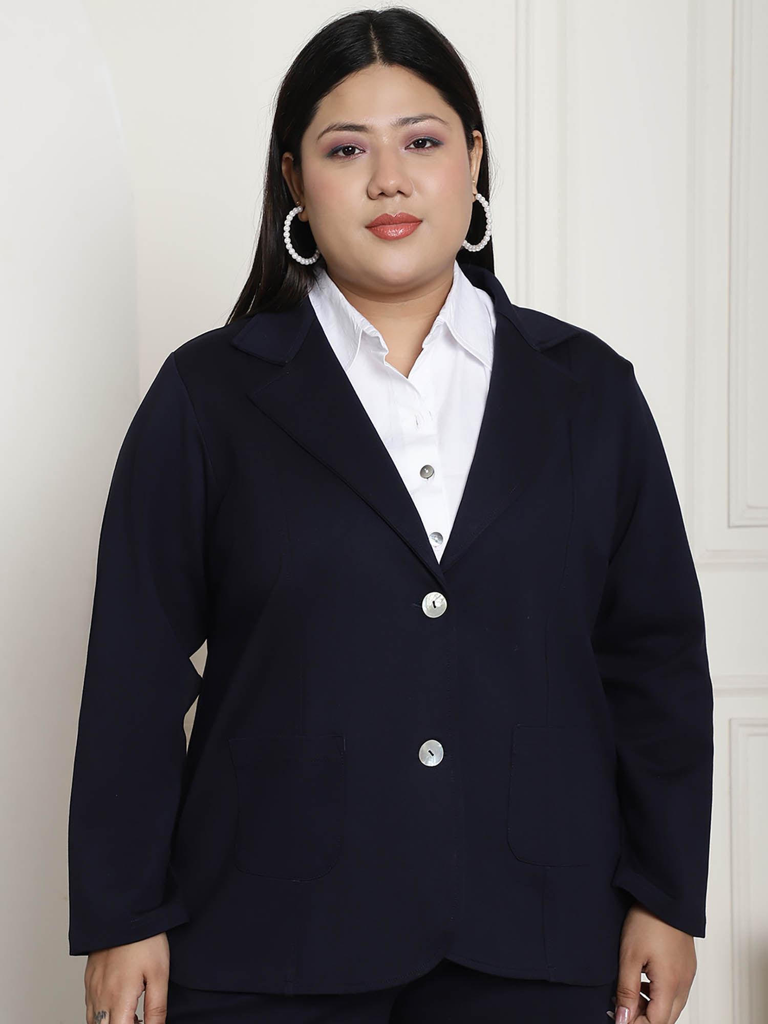 Plus Size Navy Blue Solid Single Breasted Formal Blazer