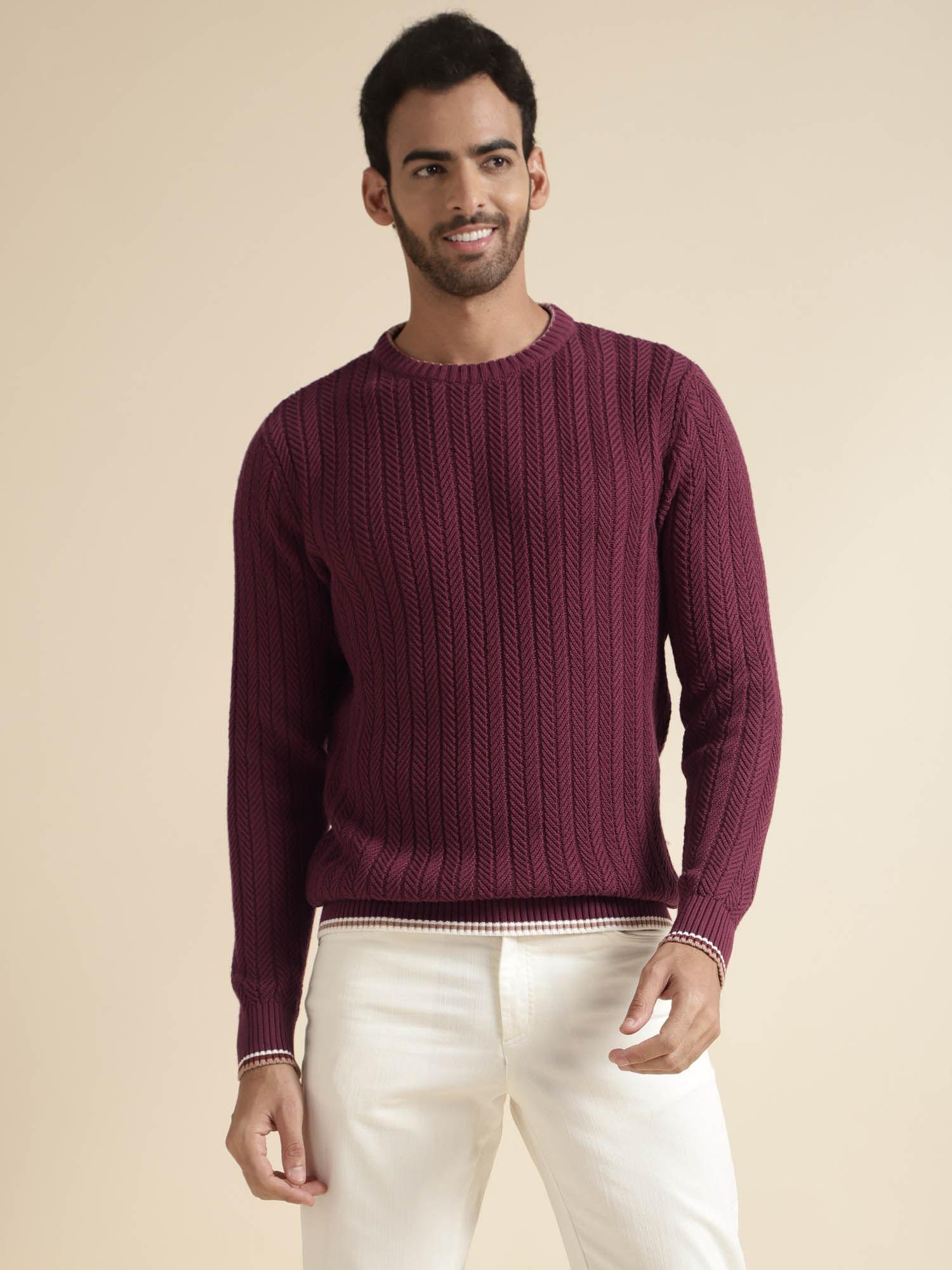 Mens Purple Full Sleeves Round Neck Regular Fit Sweater