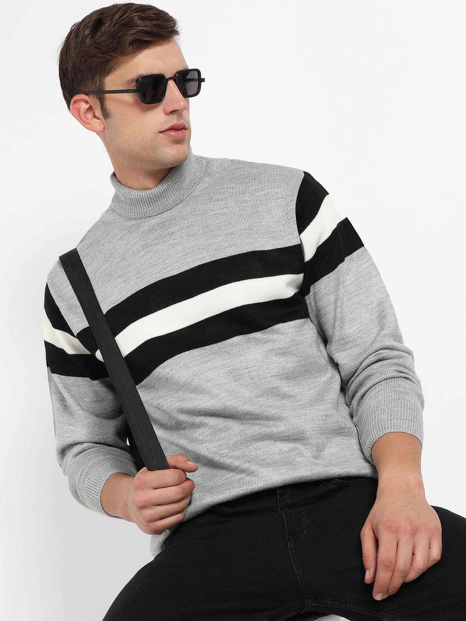 Mens Light Grey Relaxed Horizontal Striped Pullover Sweater