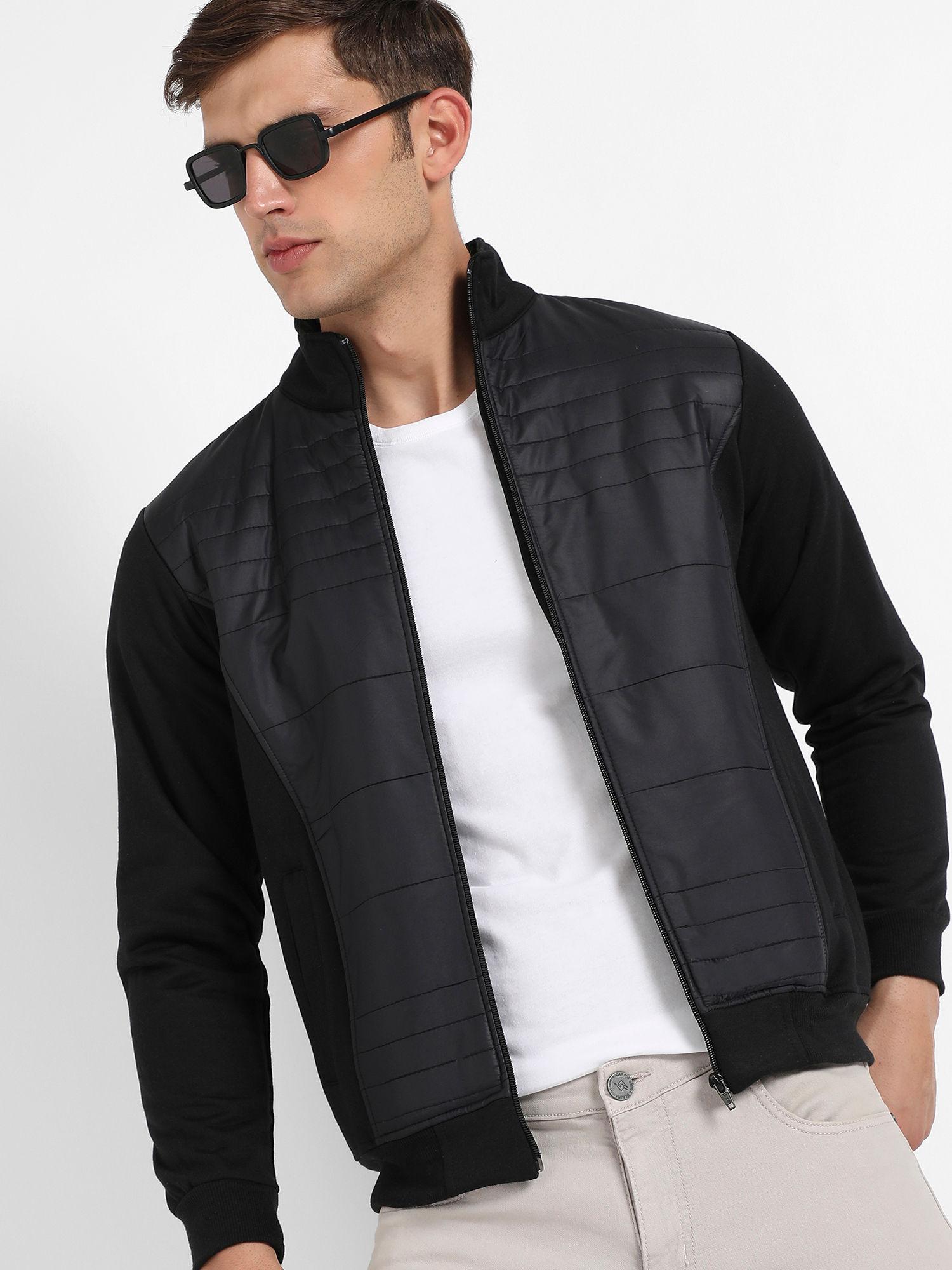 Mens Black Zip Front Jacket with Quilted Detail