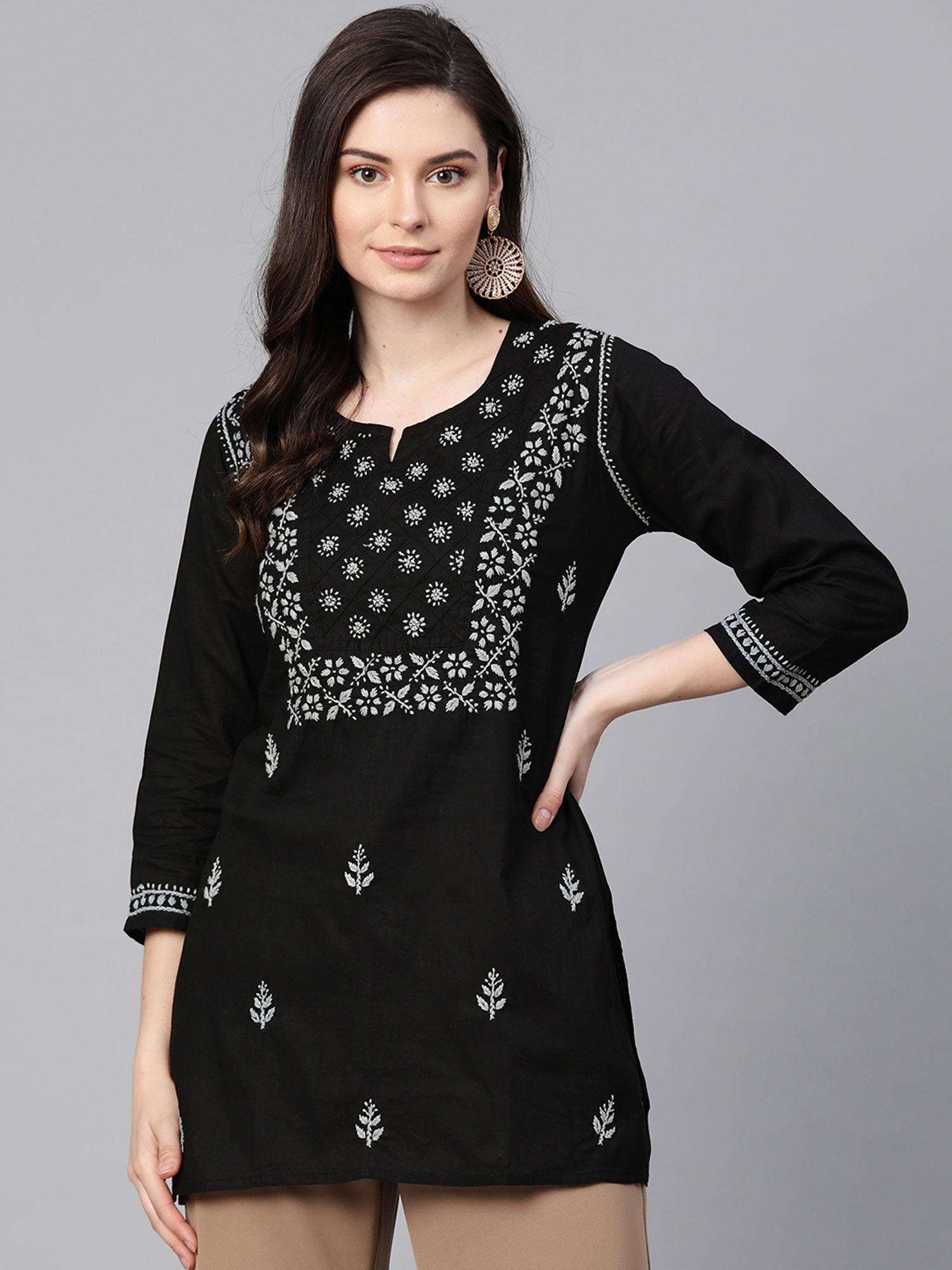 Hand Embroidered Black Cotton Lucknowi Chikan Kurti- A100390 (XS) (A100390)