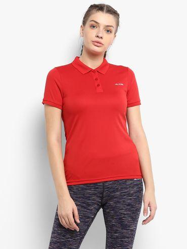 Women Red Solid Polo Collar T-shirt