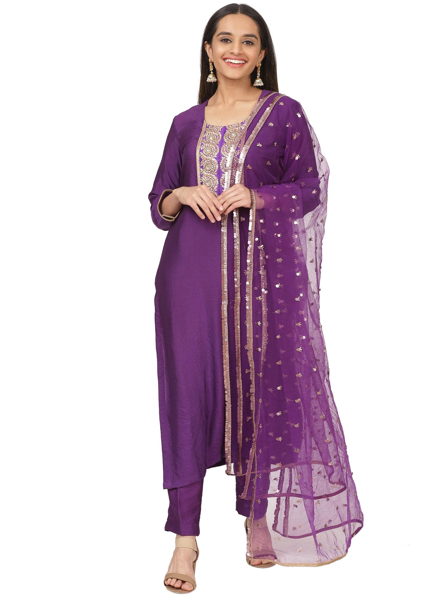 Purple Embroidered Kurti with Straight Pants and Sequin Dupatta (Set of 3)