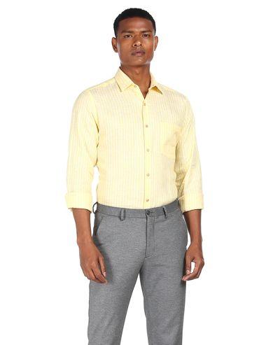 Men Light Yellow Regular Fit Striped Formal Shirt
