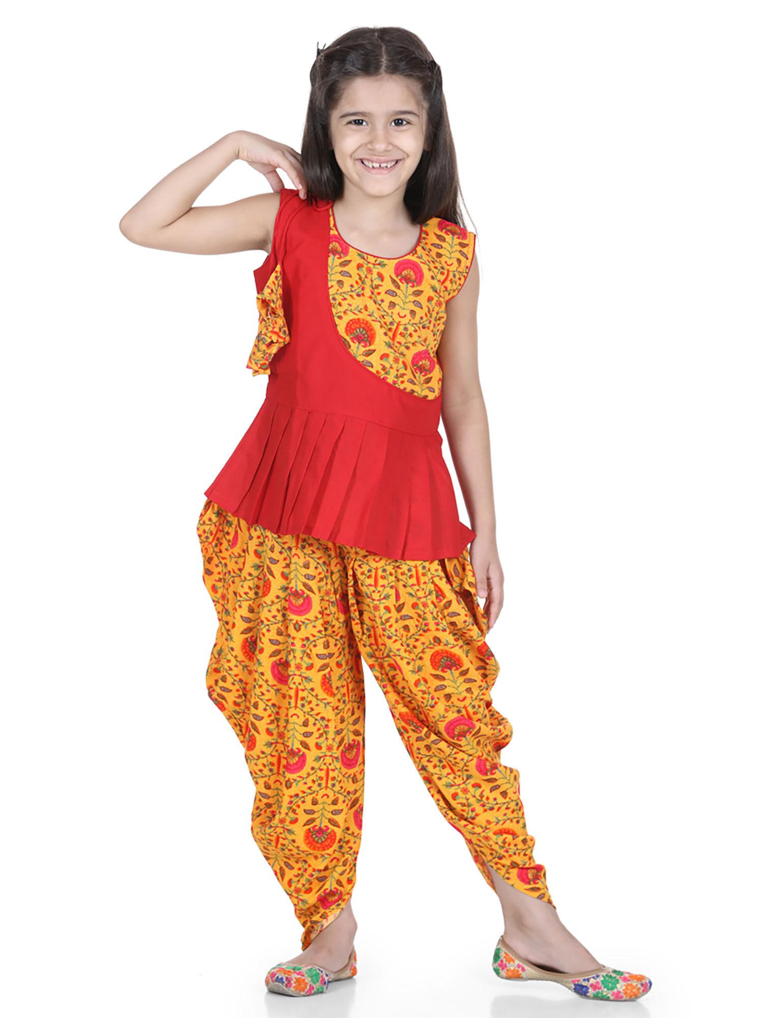 Rayon Patch Top Dhoti for Girls-Yellow (Set of 2)