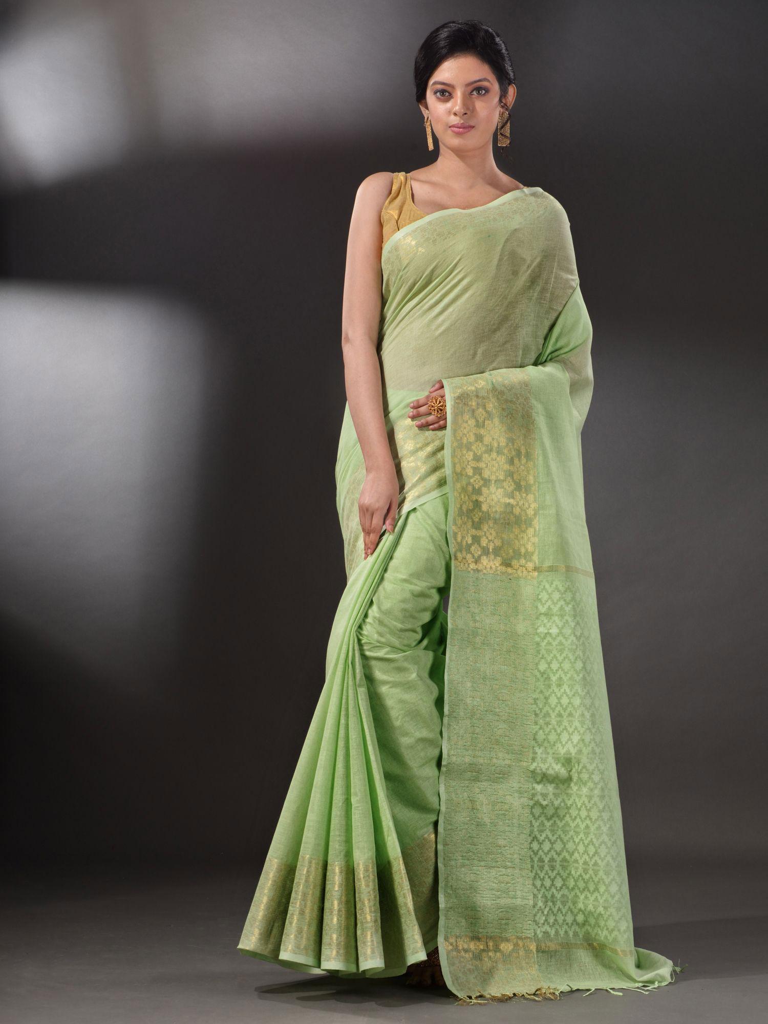Light Green Blended Silk Saree with Unstitched Blouse (Set of 2)