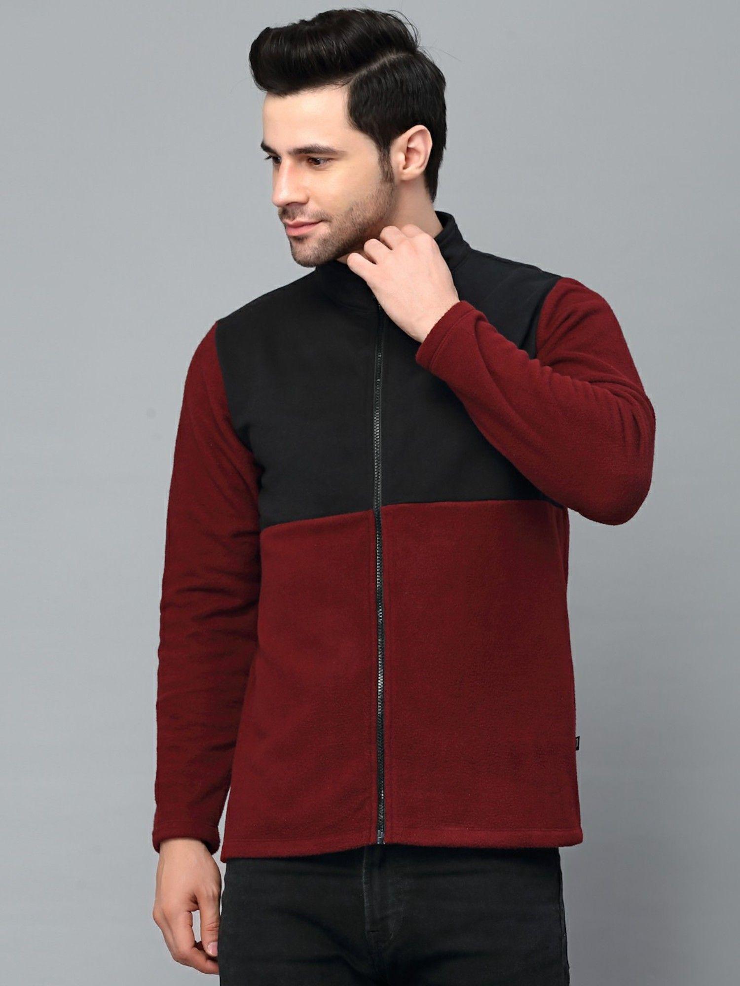 men-maroon-color-blocked-high-neck-polar-fleece-jacket