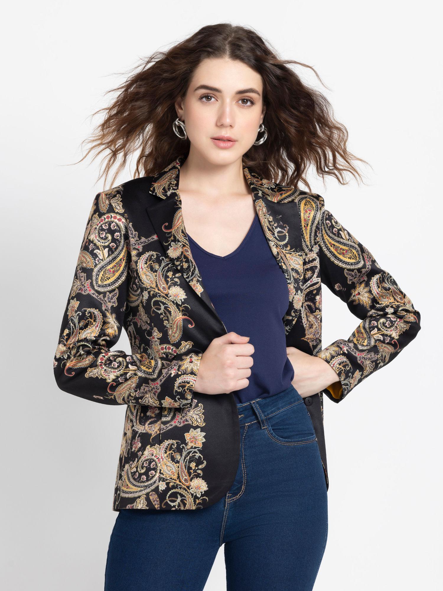 notched-lapel-black-printed-long-sleeves-casual-blazer-for-women
