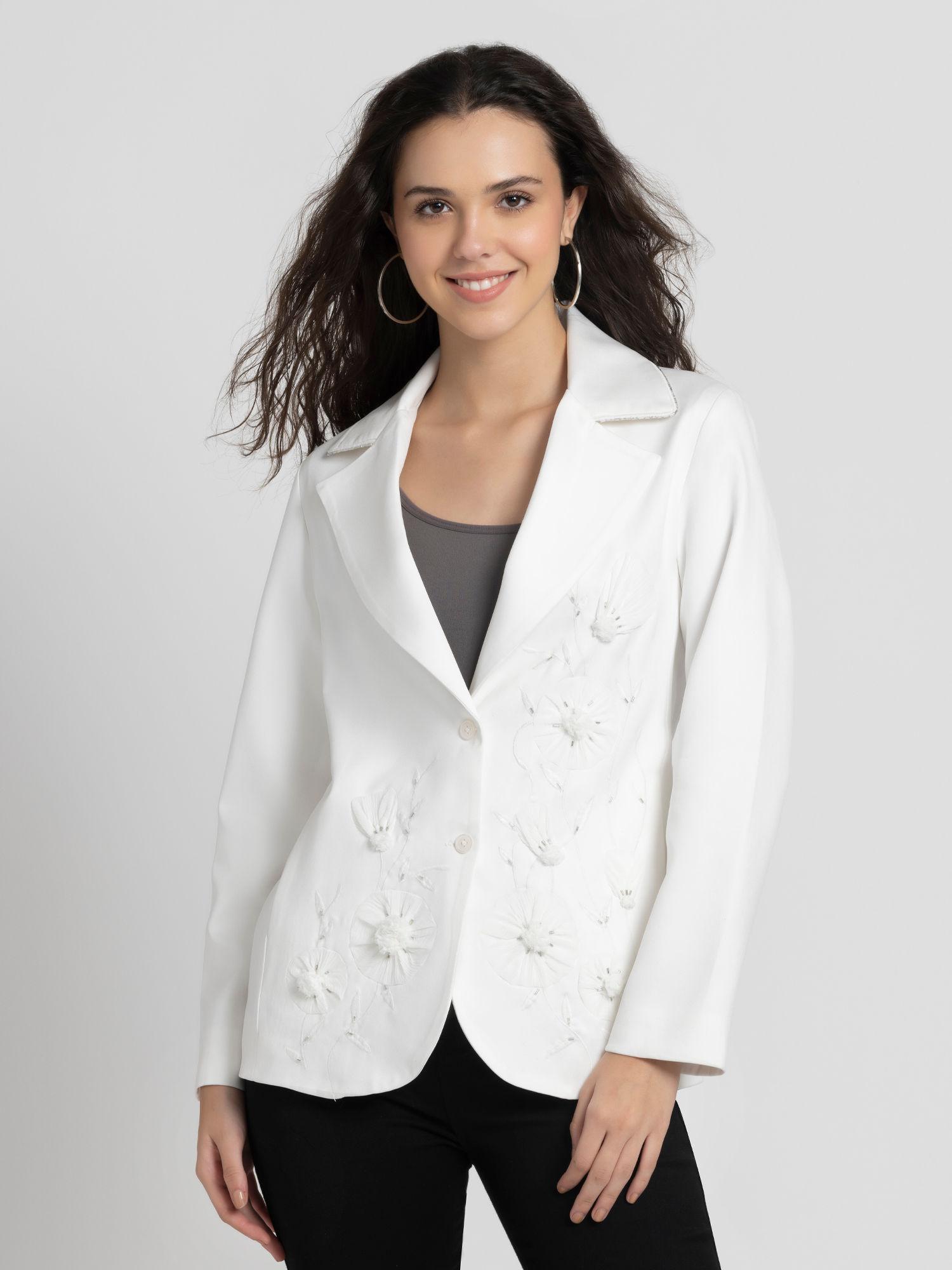 Notched Lapel Collar White Embroidered Long Sleeves Party Blazer For Women