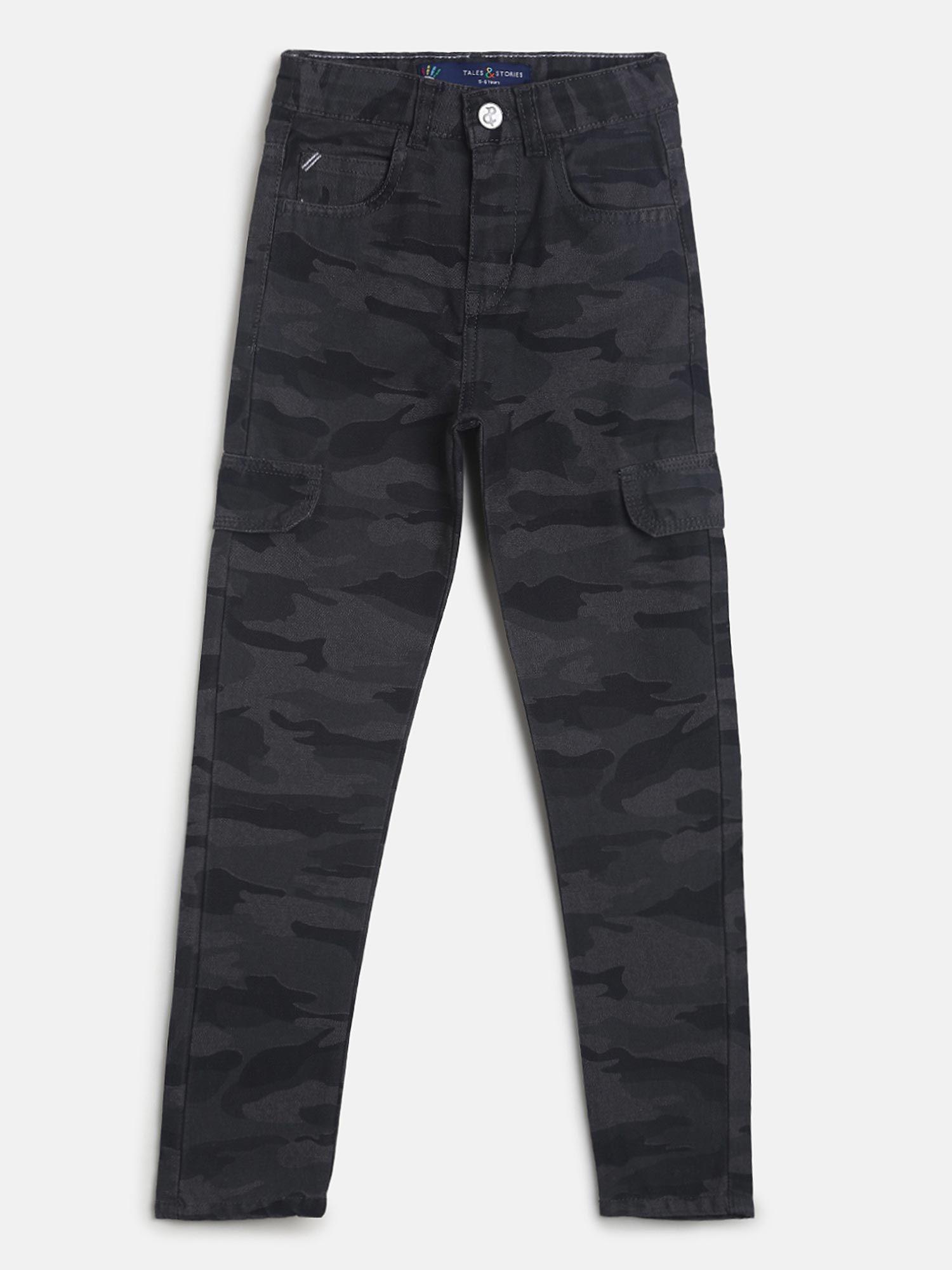 Boys Camouflage Print Grey Lycra Slim Fit Trouser