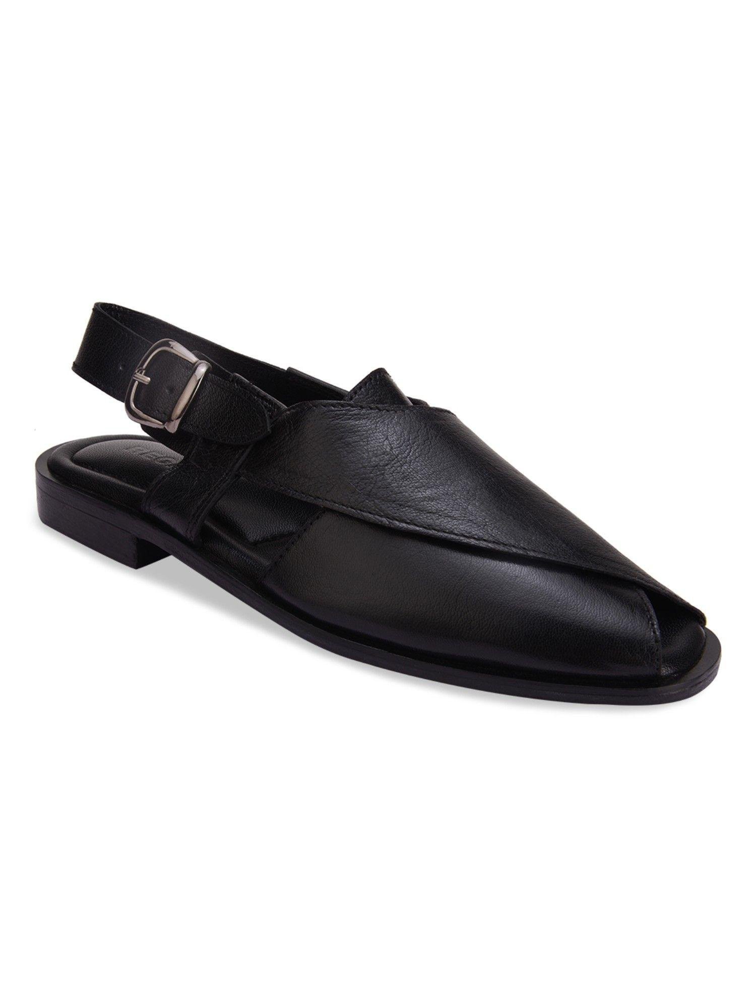 Black Men Solid Leather Ethnic Sandals