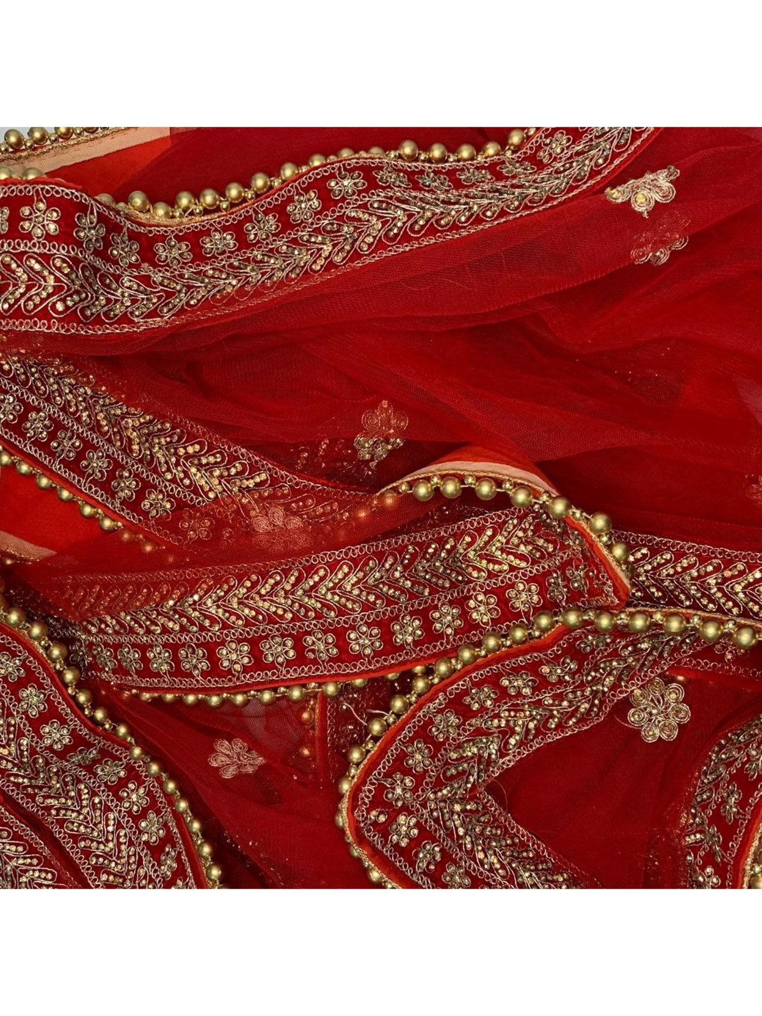 Bridal Maroon Zari Stone Hand Embroidered Net Dupatta