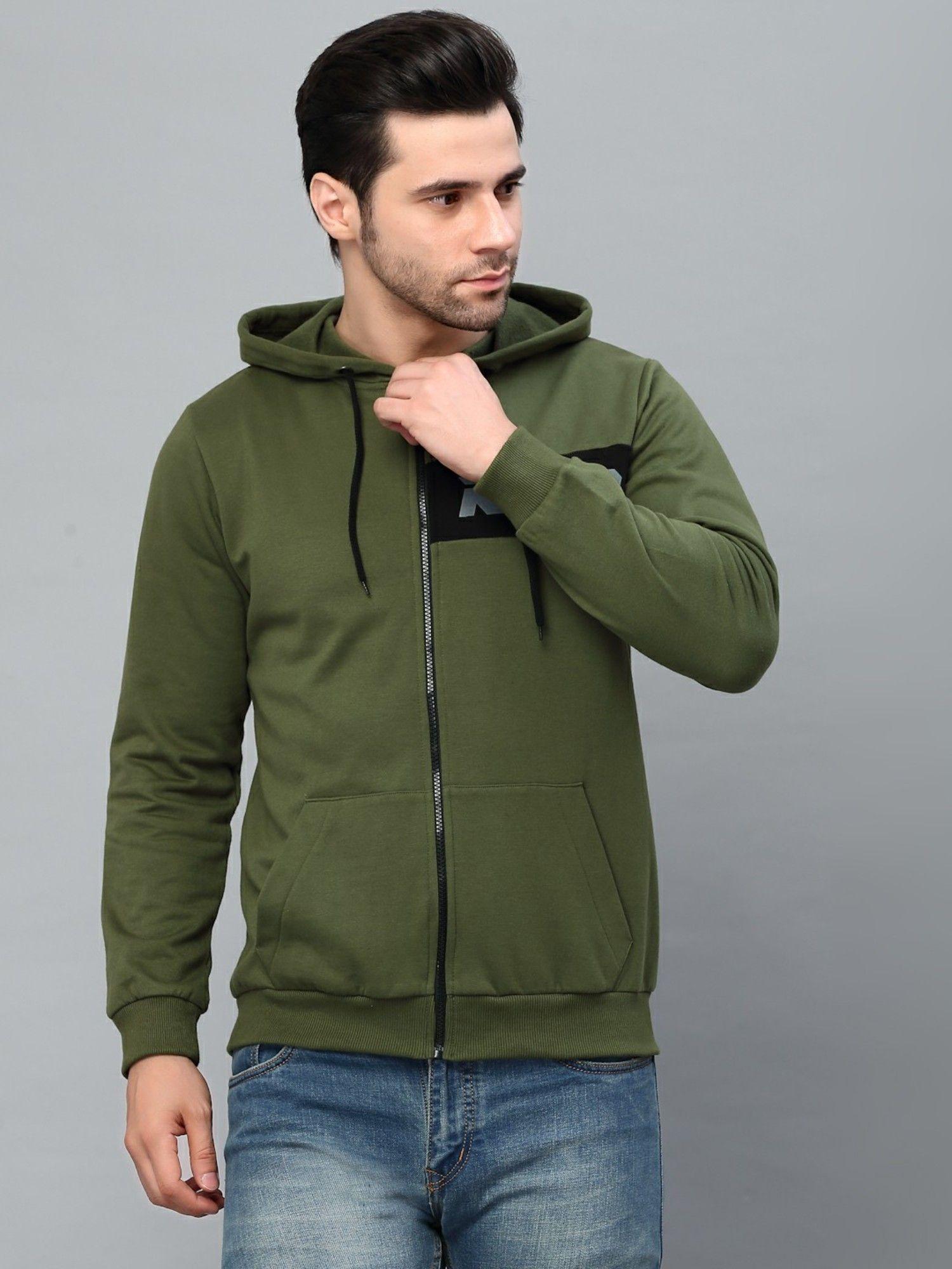 Men Olive Green Hooded Printed Fleece Jacket