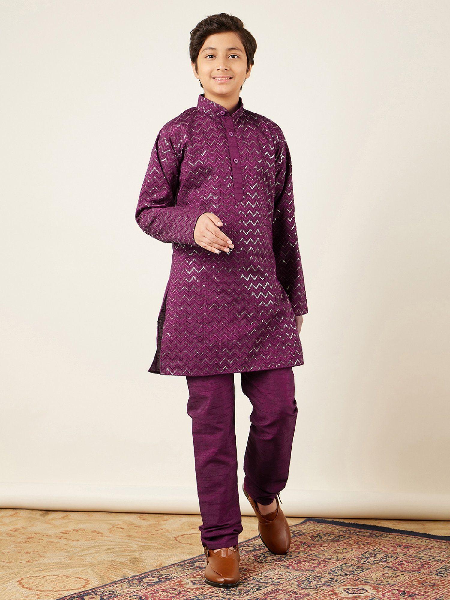 Boys Purple Silk Blend Embroidered Kurta Pyjama (Set of 2)
