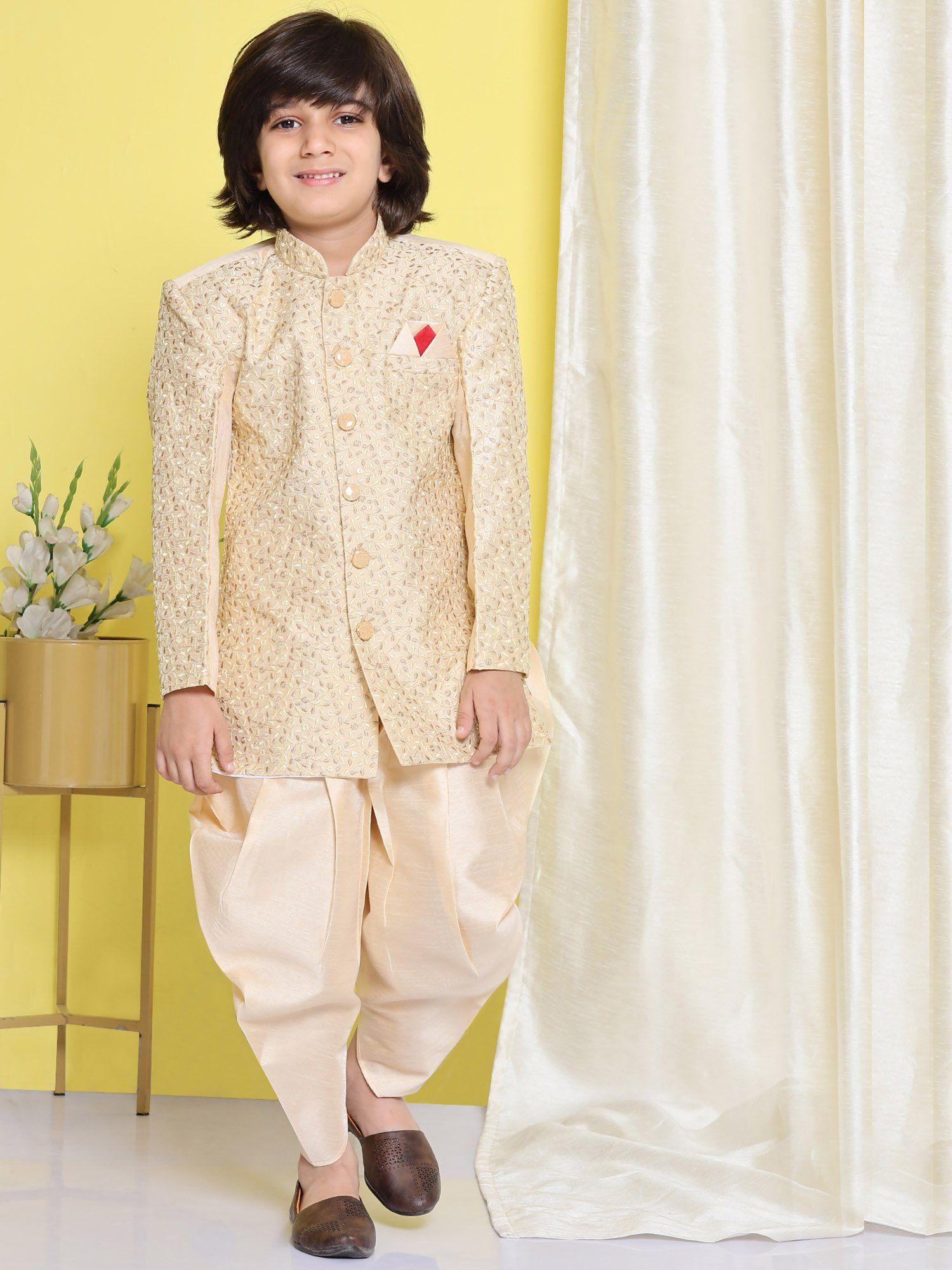 Boys Beige Silk Blend Embroidered Indo Western Sherwani (Set of 2)