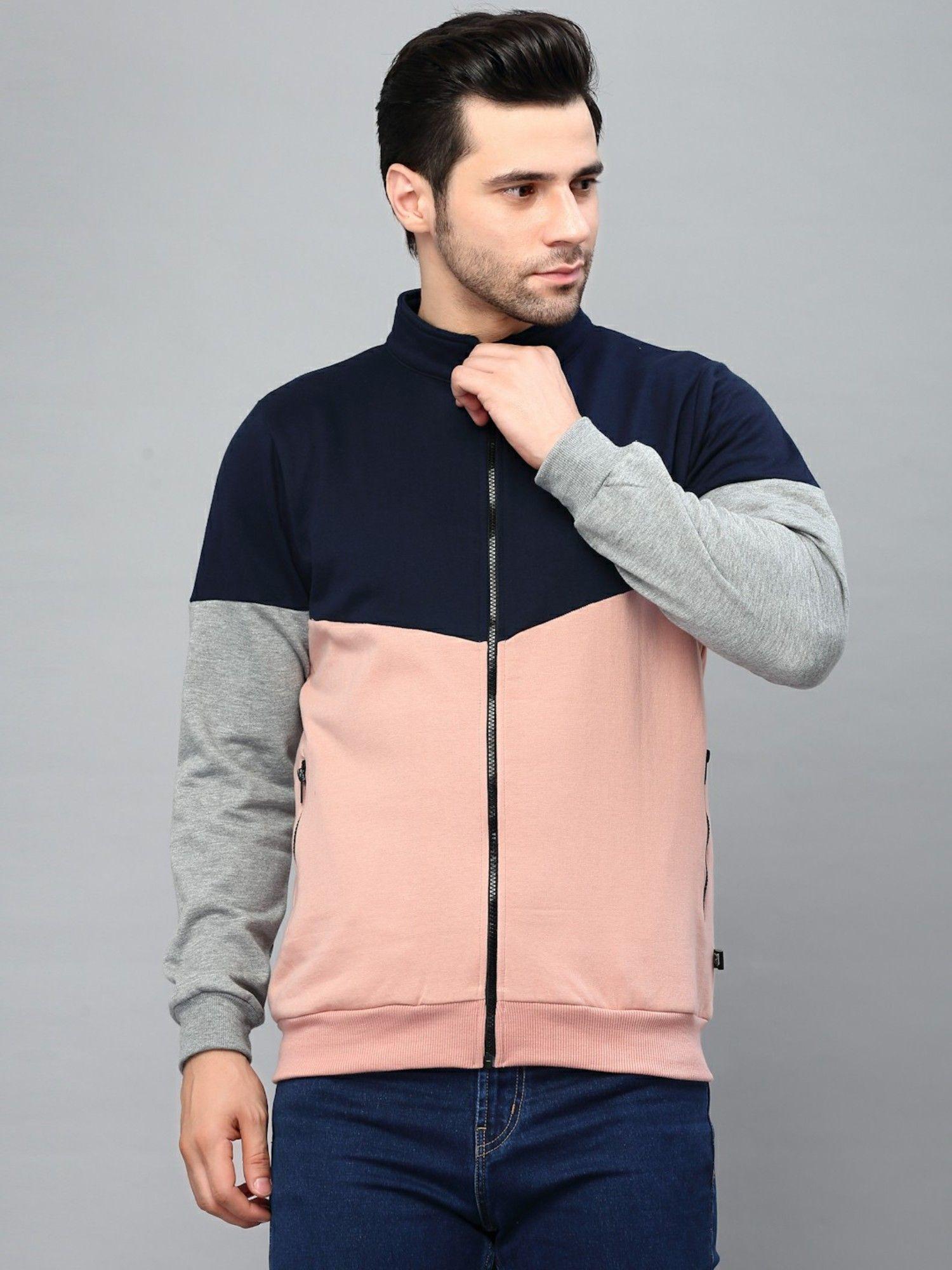 Men Pink Color Blocked High Neck Fleece Jacket