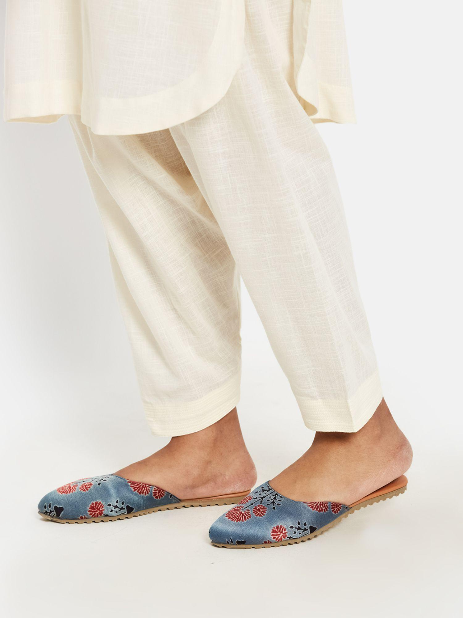 Blue Cotton Leather Printed Mules