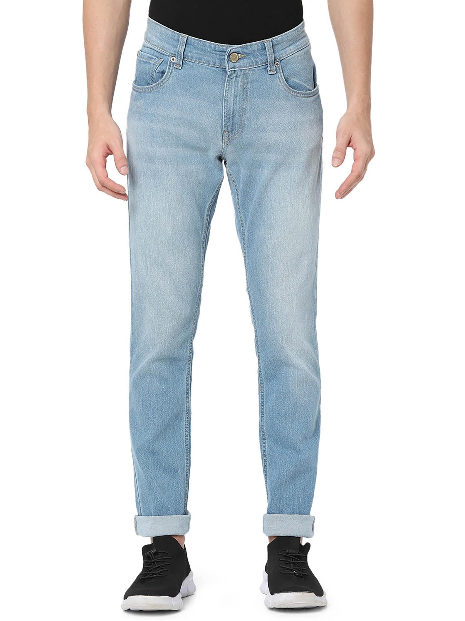 Men Solid Straight Fit Blue Jeans