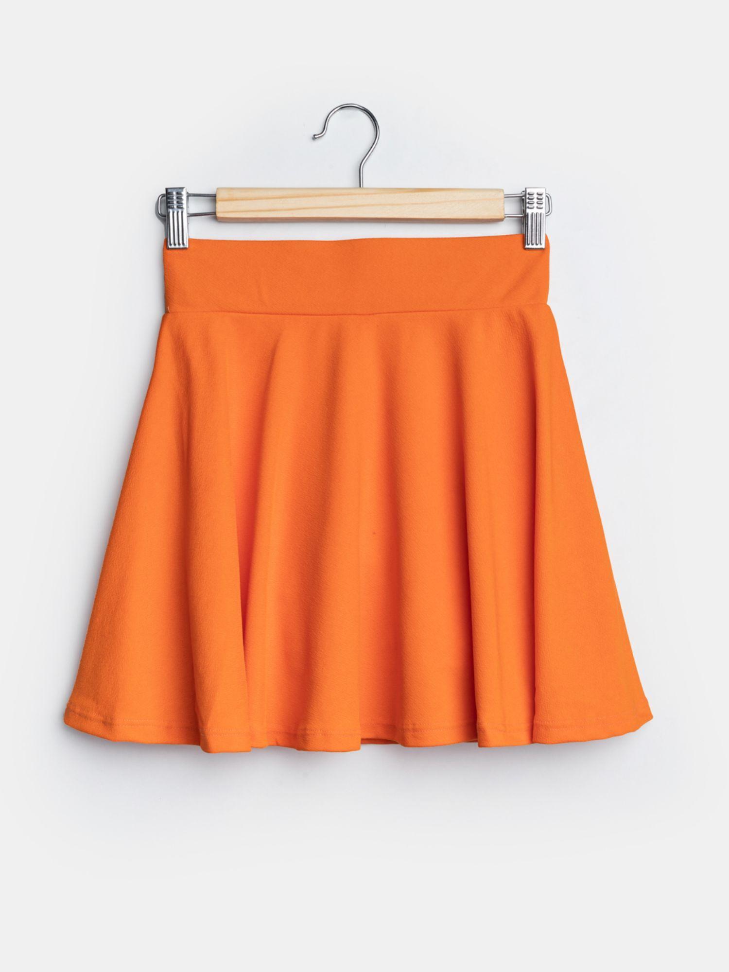 Girls Stretchable Solid Orange Skater Skirts