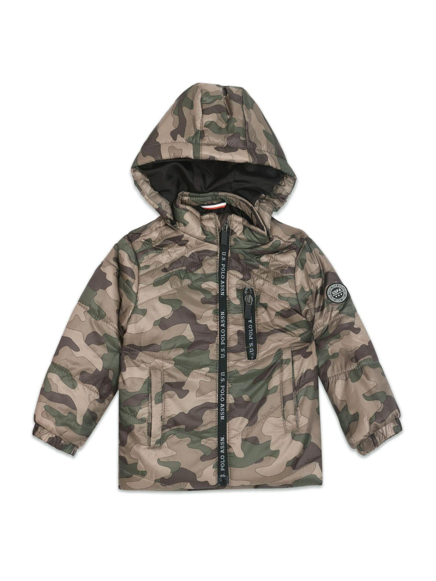Boys Olive Detachable Hood Camouflage Padded Jacket