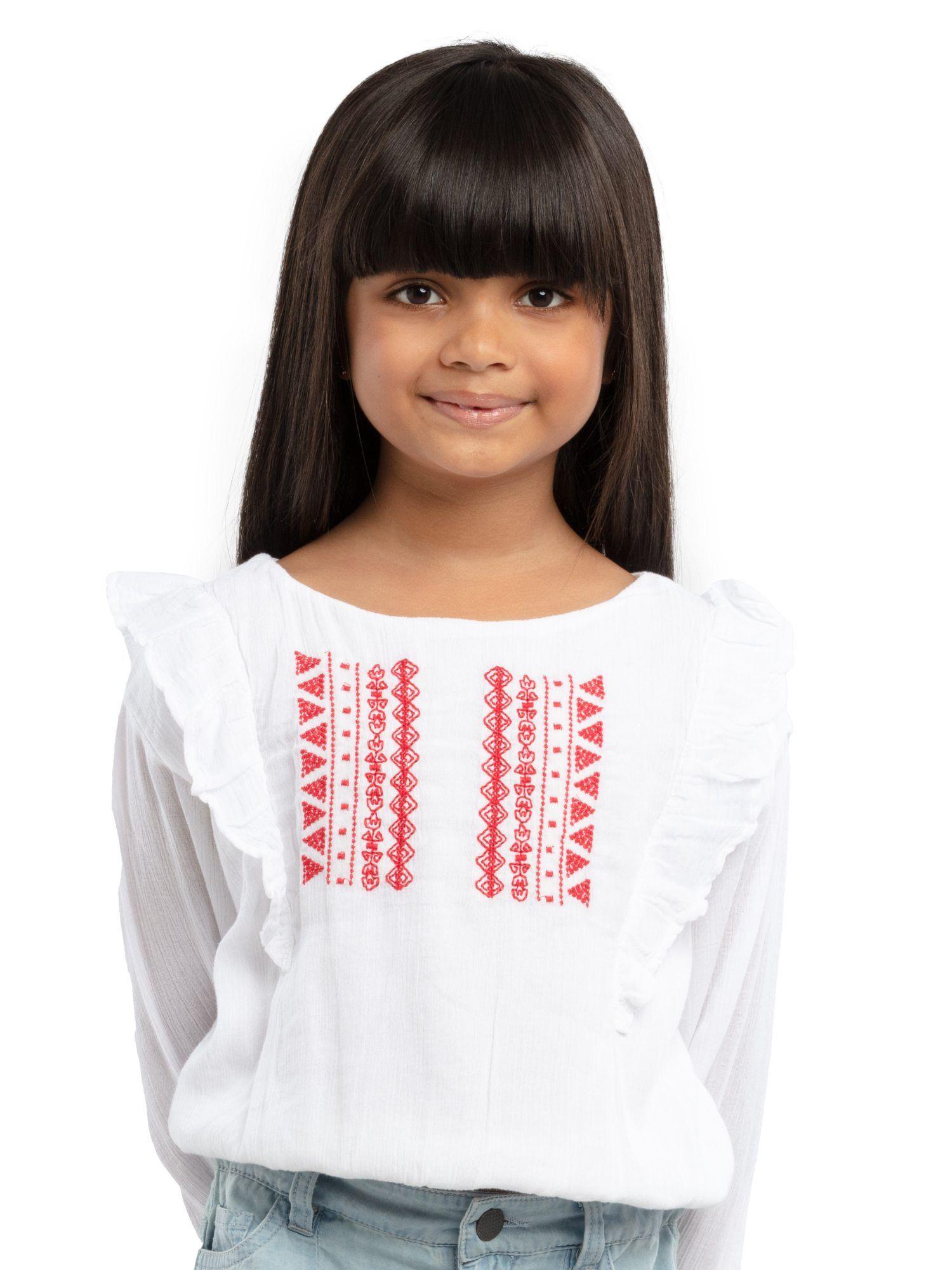 Embroidery On Front Chest Crinkle Girls Top
