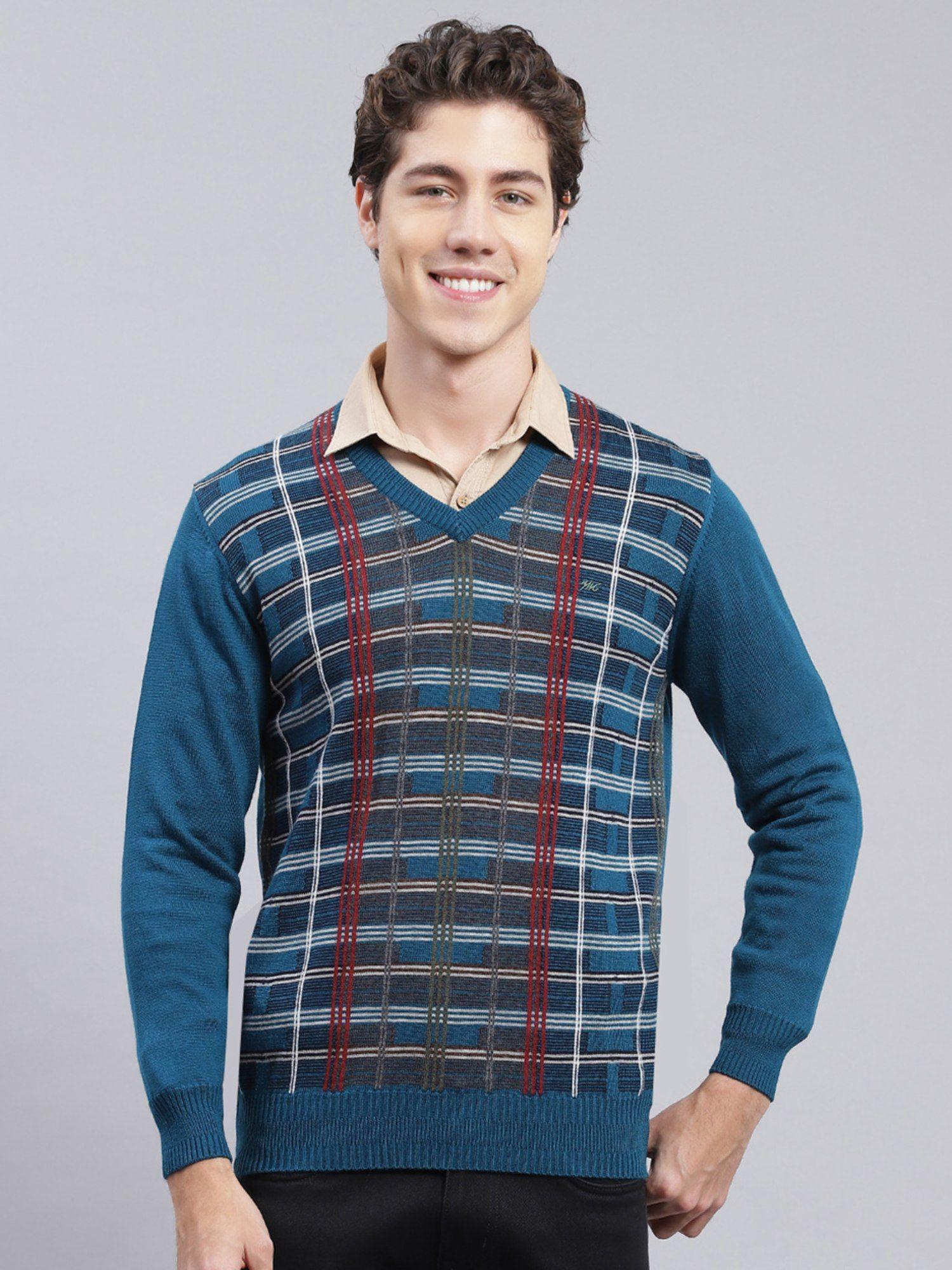 teal-checks-v-neck-pullover-sweater