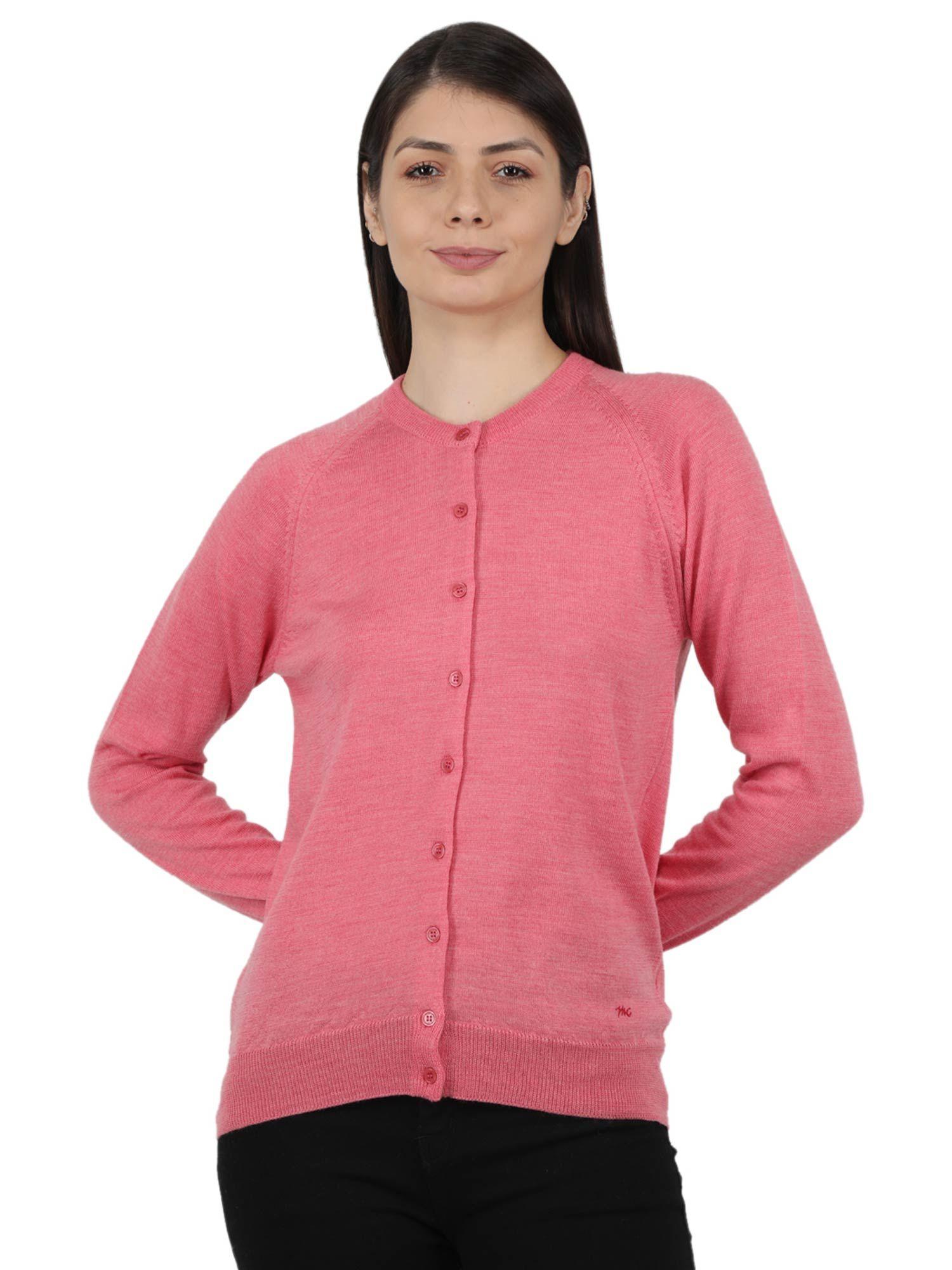 Womens Pure Wool Pink Solid Round Neck Cardigan