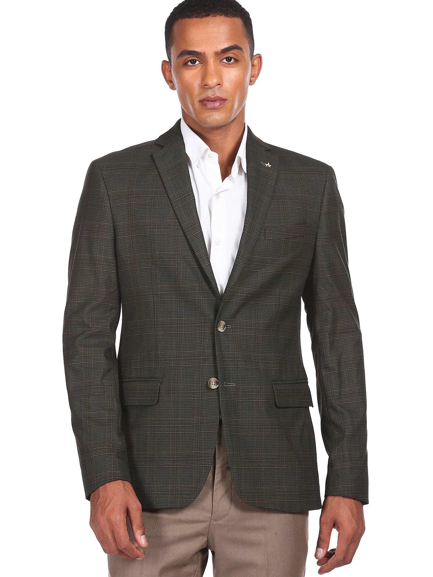 men-dark-green-notch-lapel-collar-check-formal-blazer