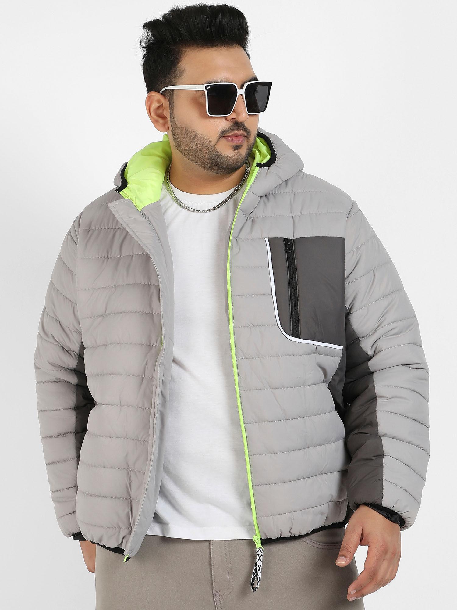Men Light Grey Puffer Jacket With Contrast Zipper