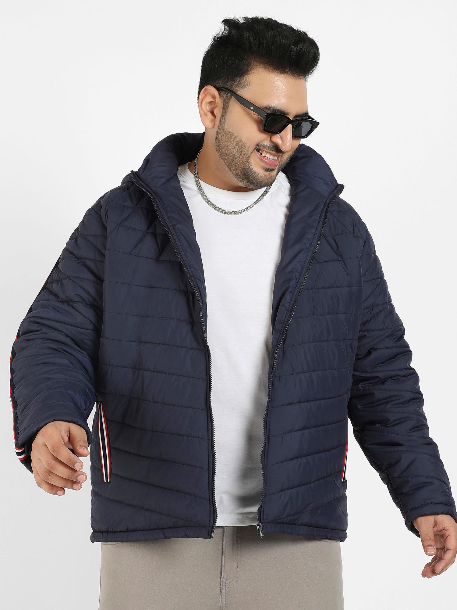 Men Navy Blue Puffer Jacket With Contrast Striped Sleeve