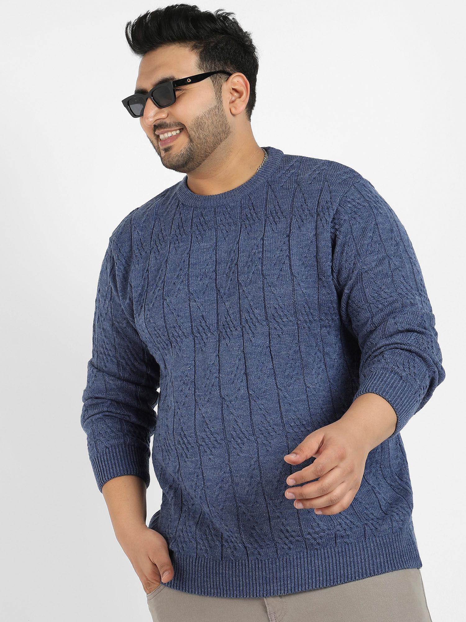 Men Navy Blue Textured Knit Pullover Sweater