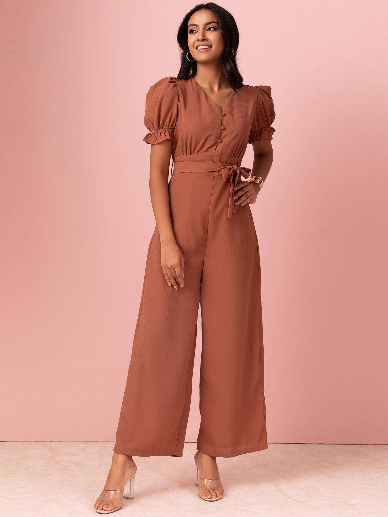 Brown Puff Sleeve Jumpsuit with Fabric Belt (Set of 2)