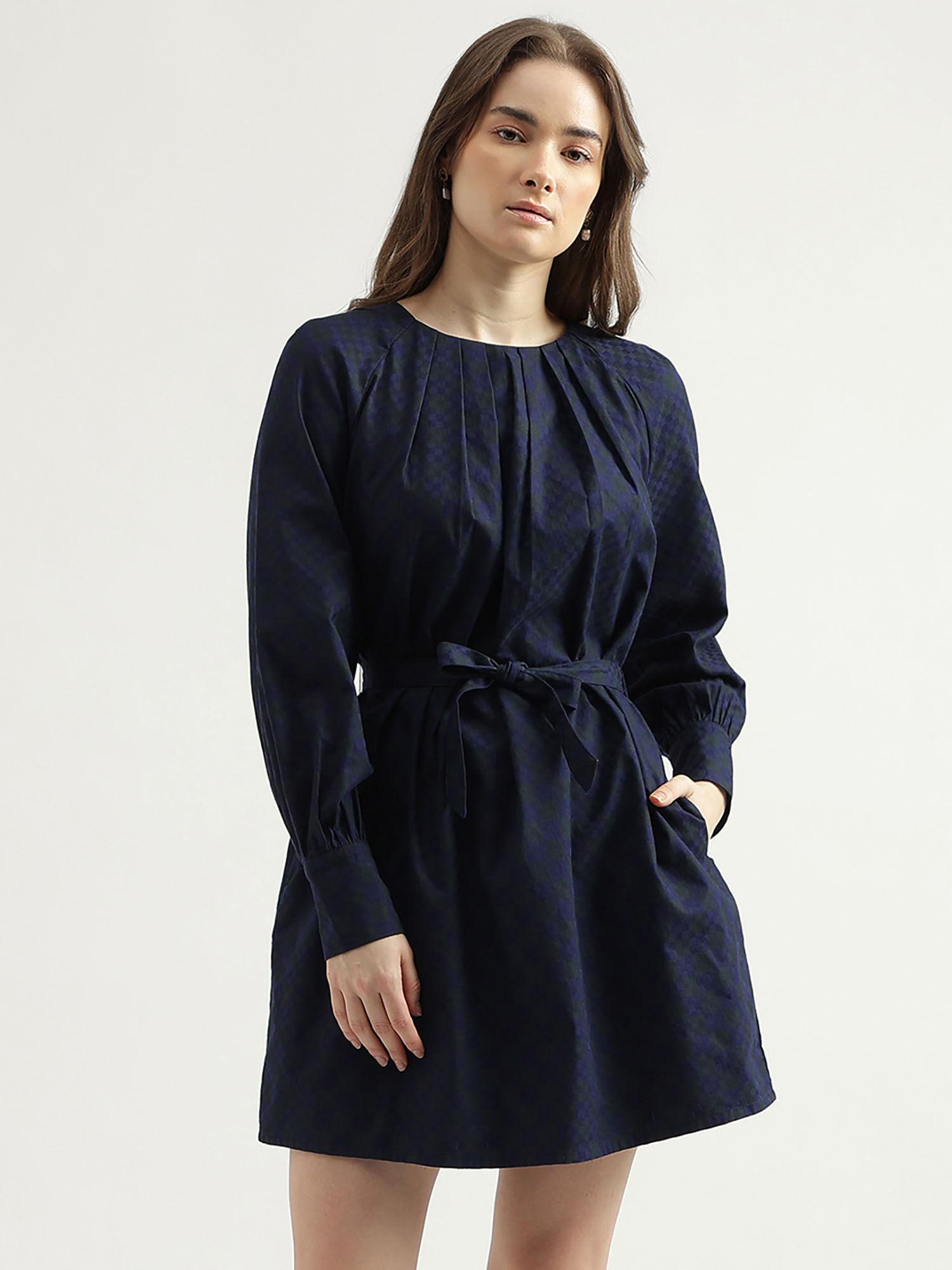 womens-regular-fit-round-neck-navy-blue-checked-sheath-mini-dress