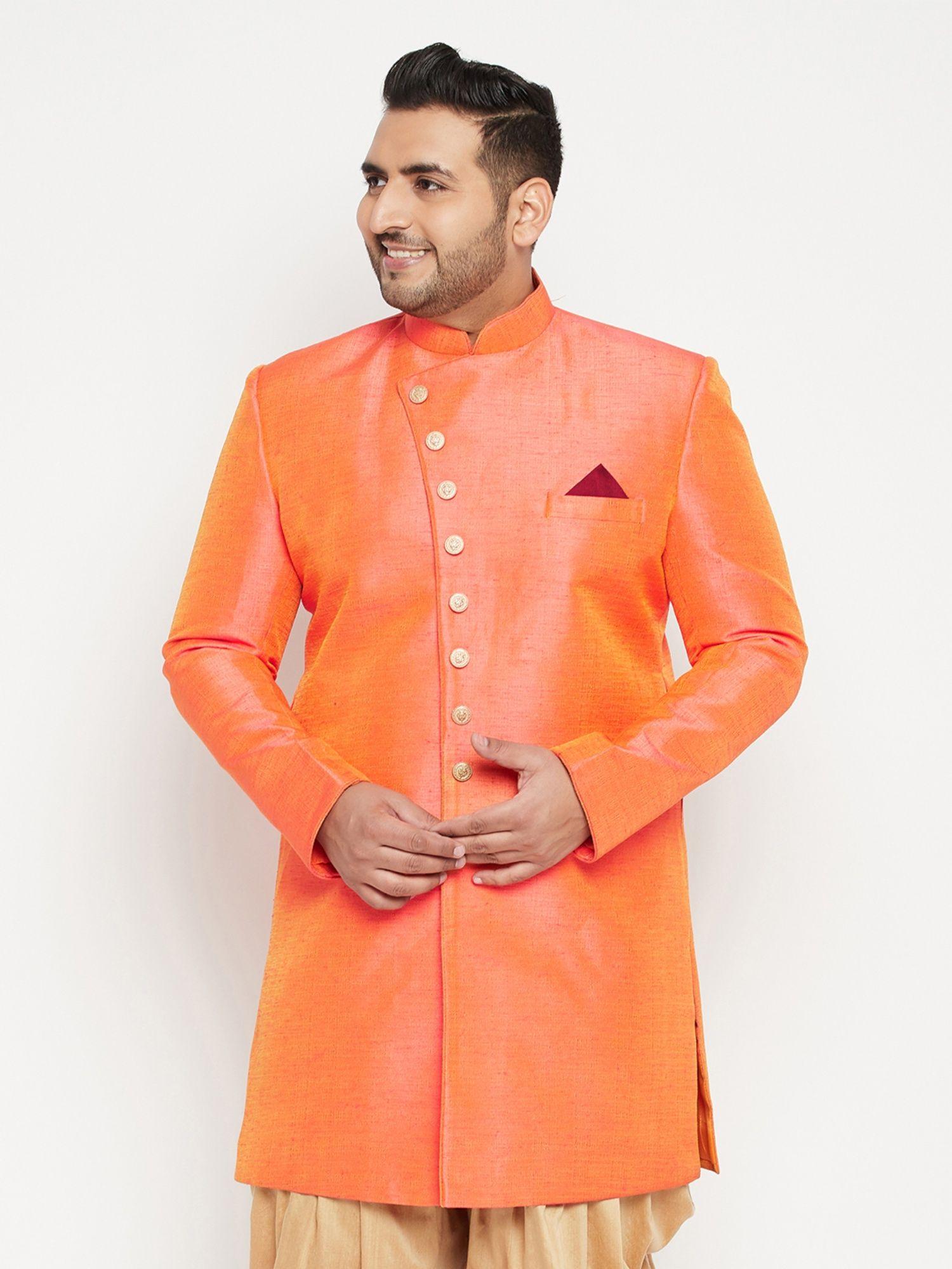 Men Orange Silk Blend Sherwani Top