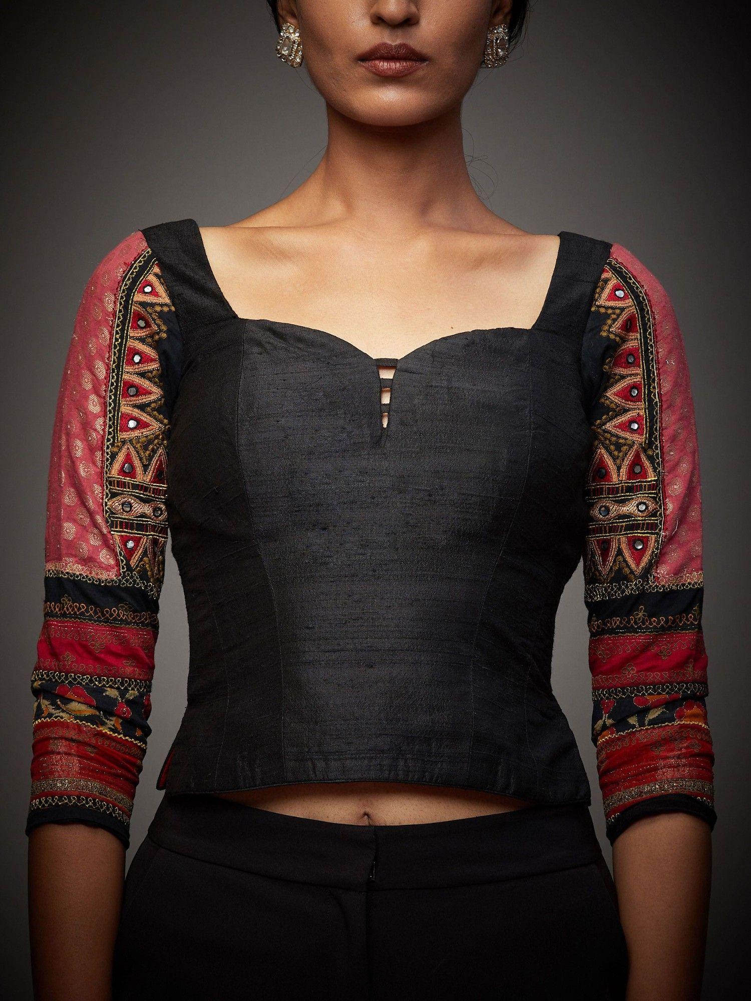 Black & Fuschia Mahek Embroidered Silk Blouse