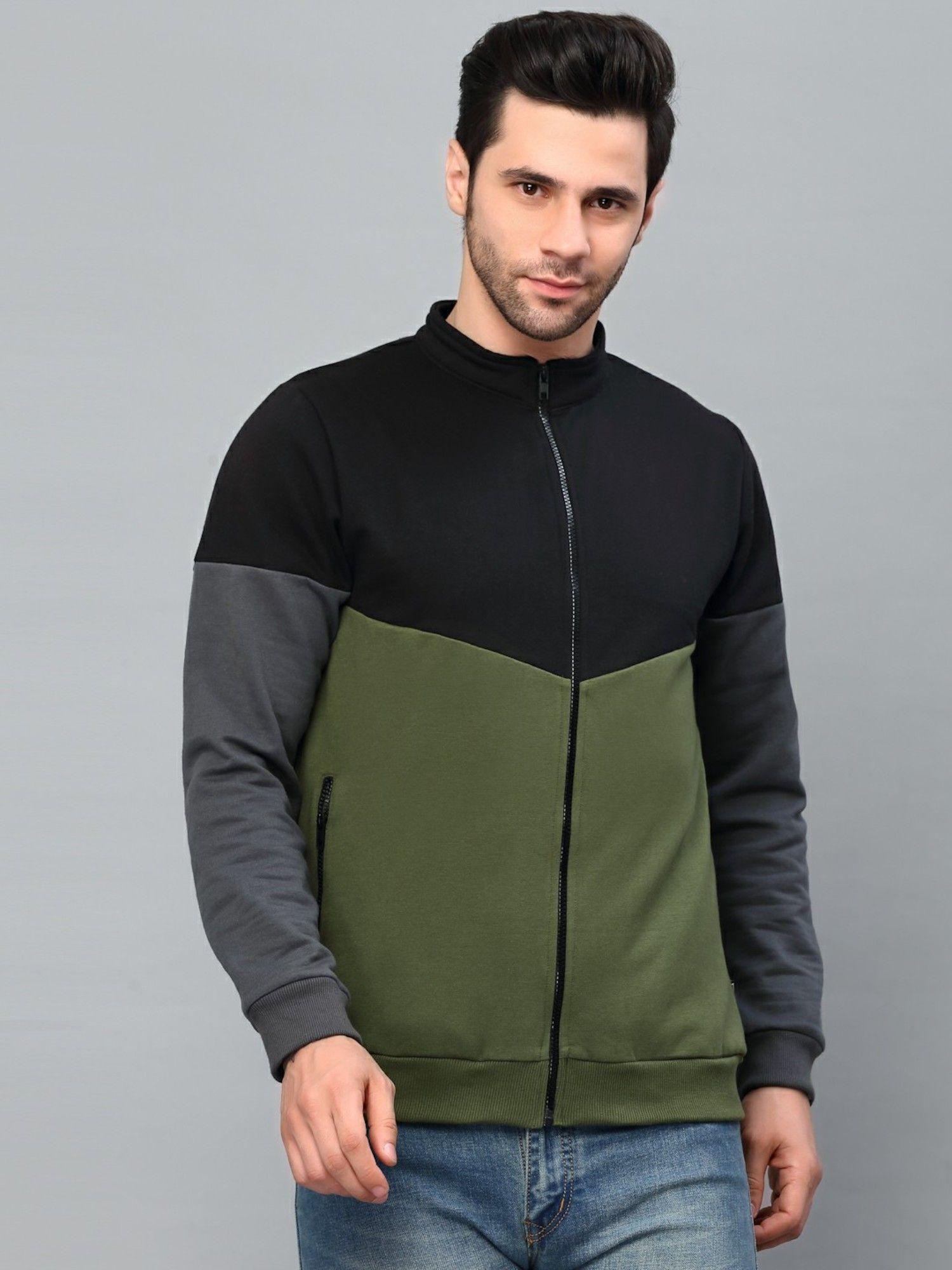Men Olive Green Color Blocked High Neck Fleece Jacket
