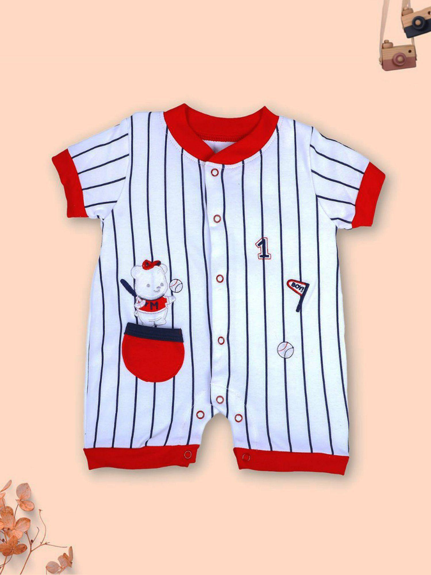 Sporty Teddy Striped Soft Cotton Short Romper Red