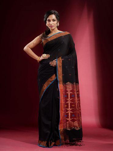 Black with Ethnic Motif and Zari Design Saree with Unstitched Blouse