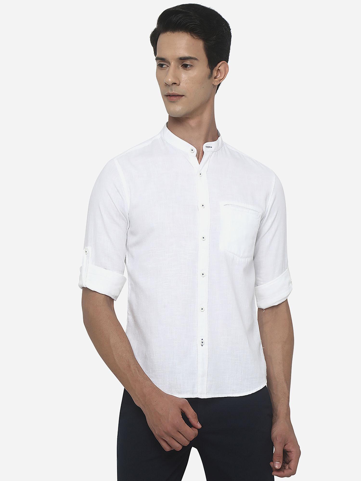 mens-solid-white-cotton-mandarin-collar-semi-casual-shirt