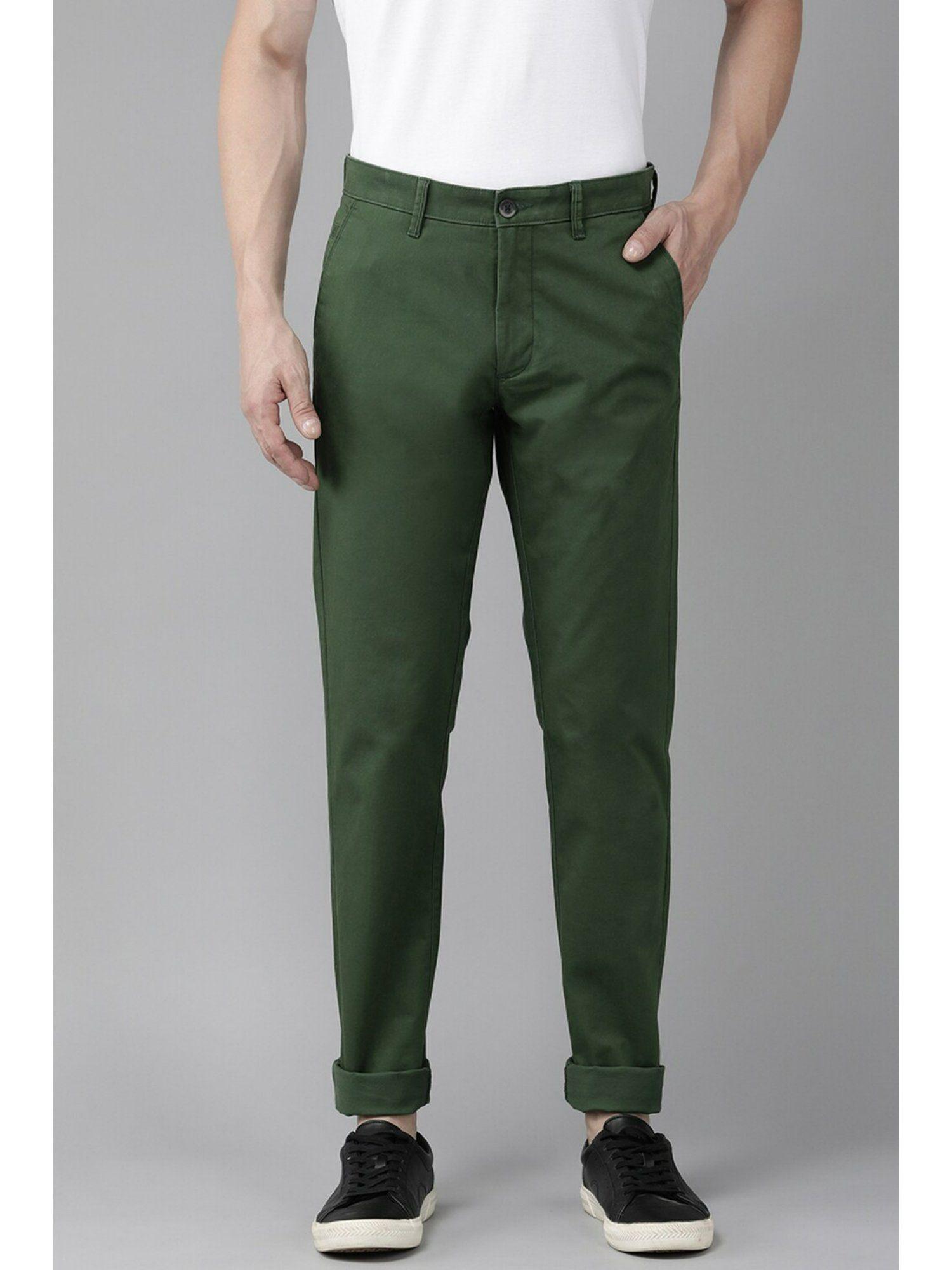 Men Green Solid Slim Fit Trousers