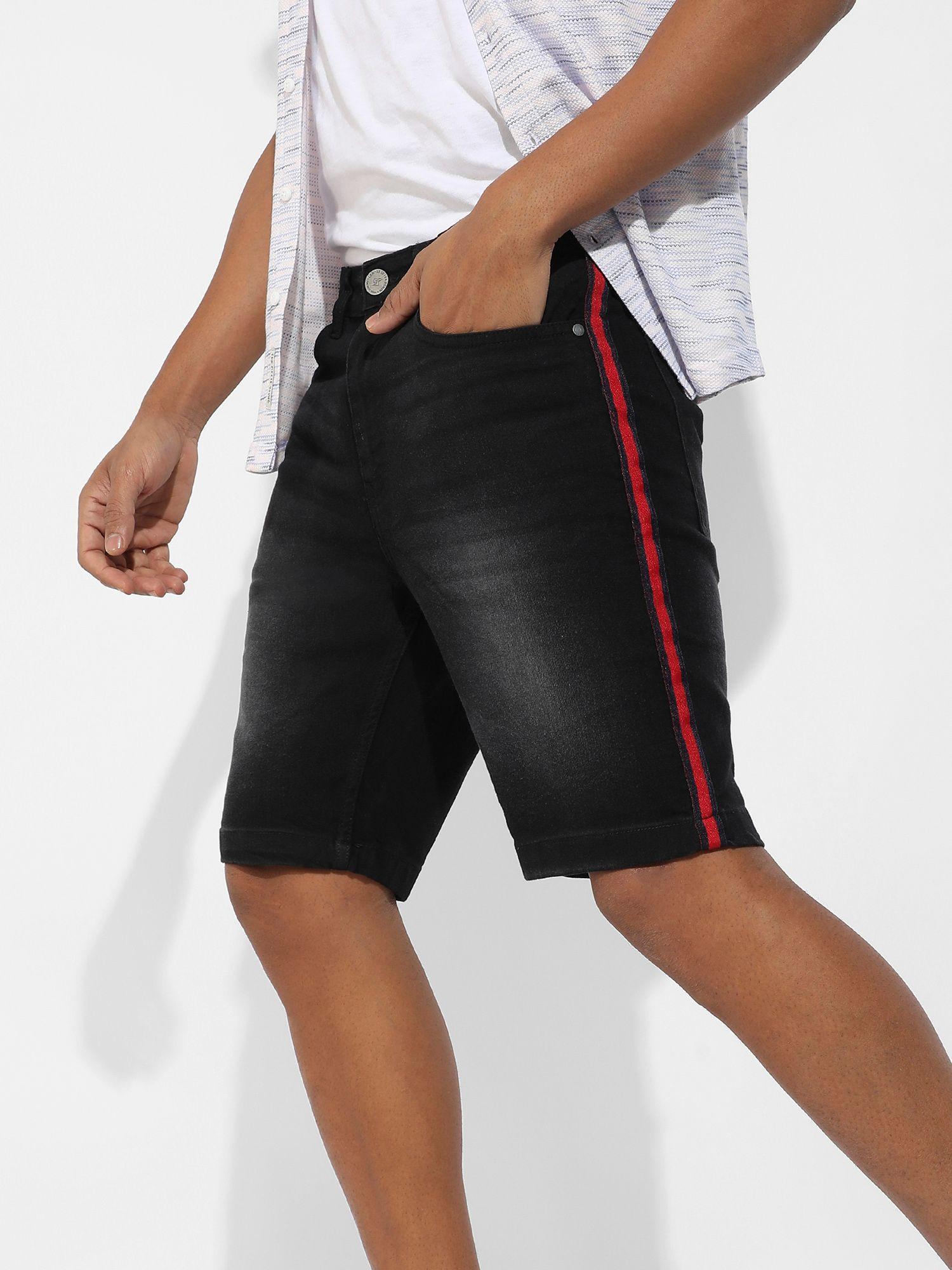 Men's Black Contrast Side-striped Denim Shorts