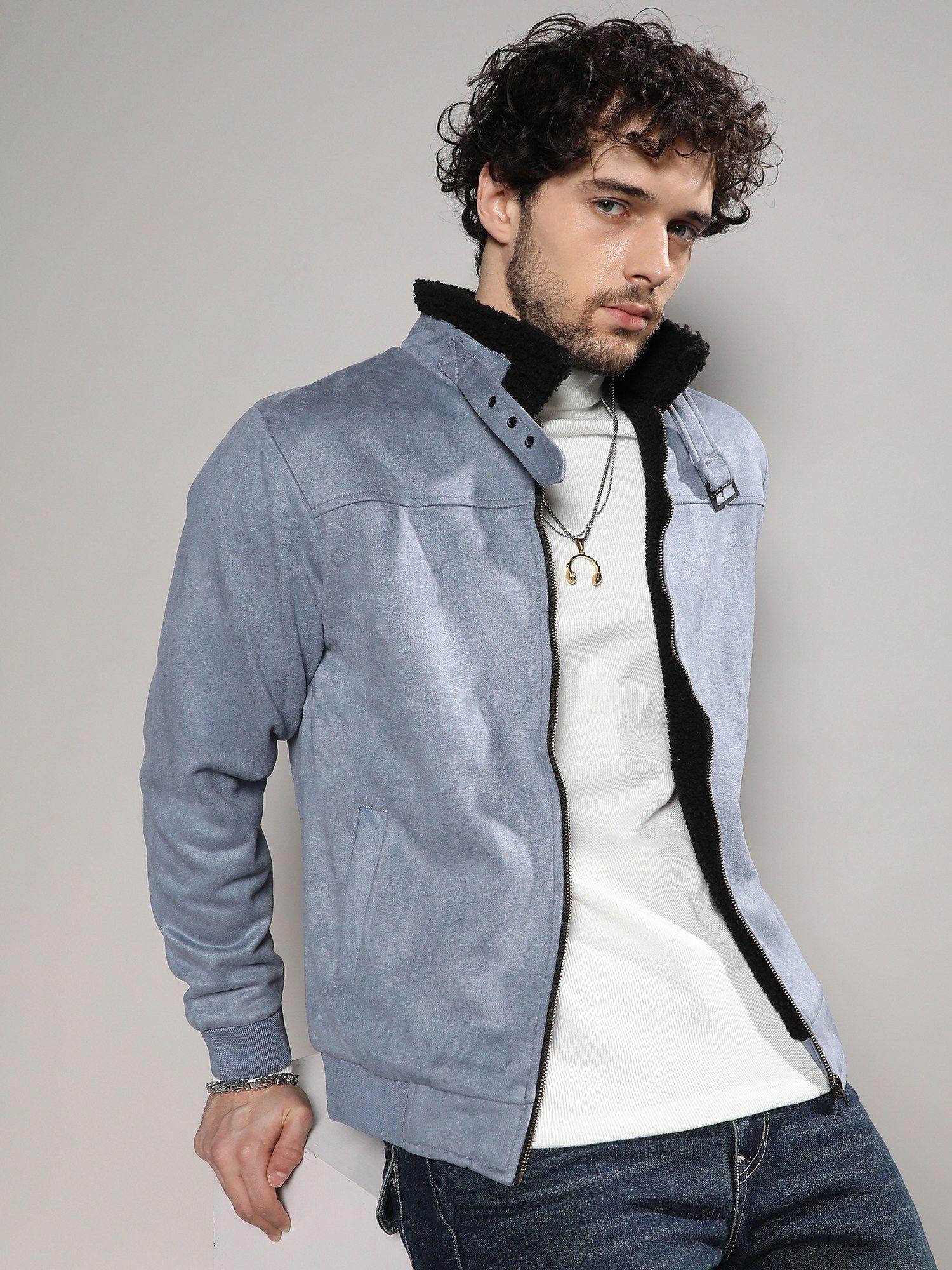 Mens Grey Zip-Front Jacket with Fleece Detail