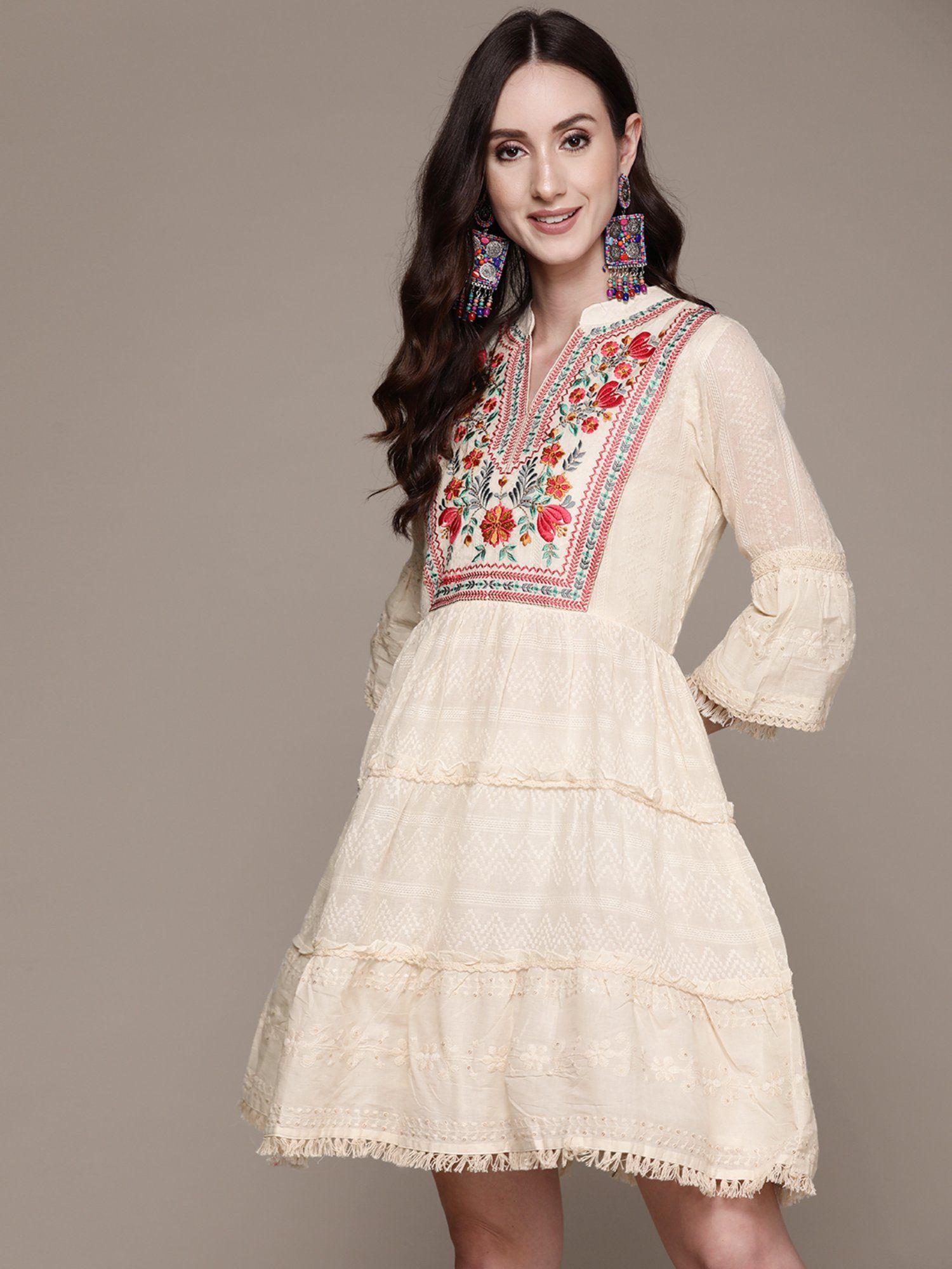 Women Off White Floral Embroidered Cotton A-Line Dress