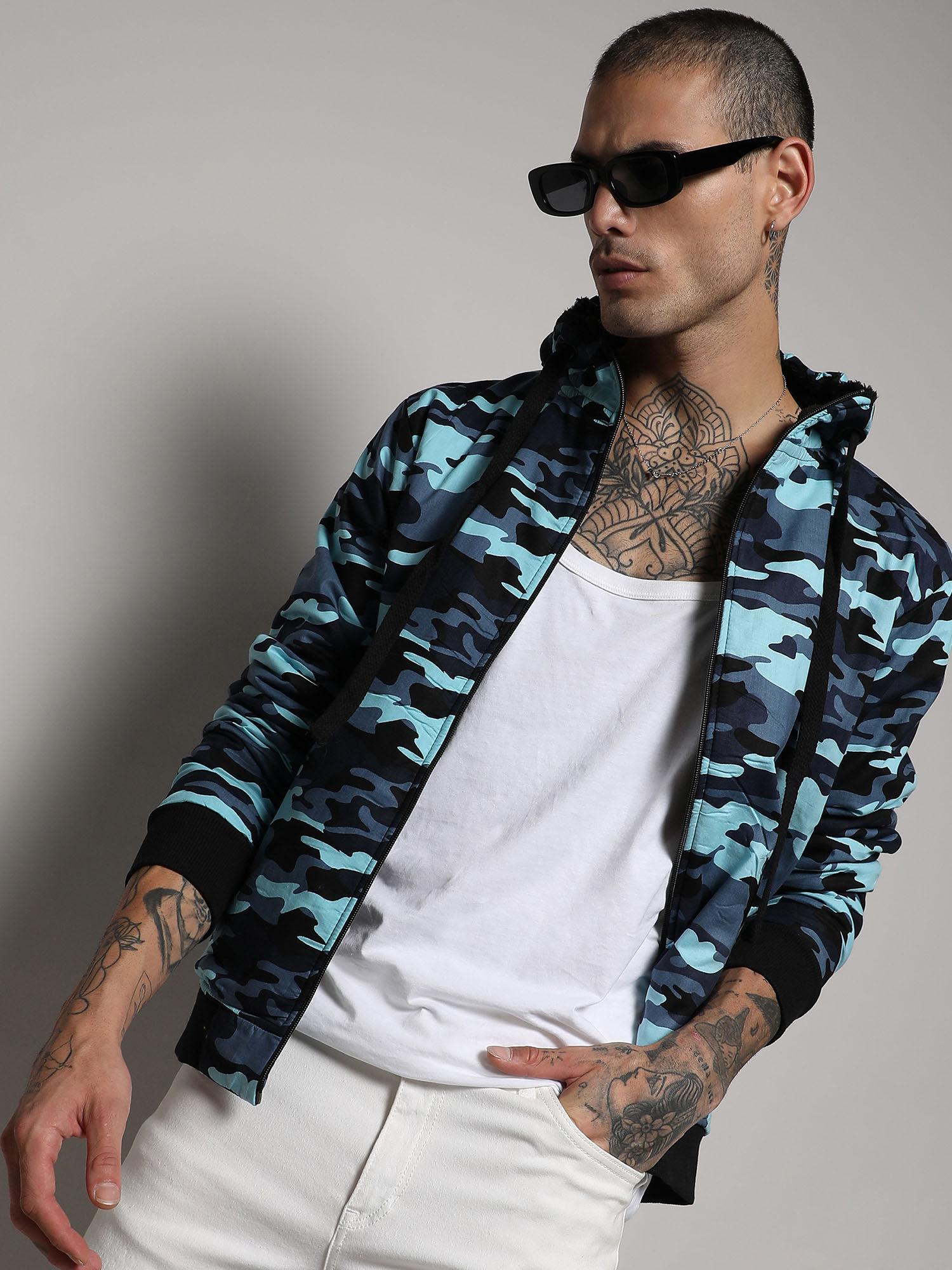 Men's Blue Camouflage Hoodie With Insert Pocket