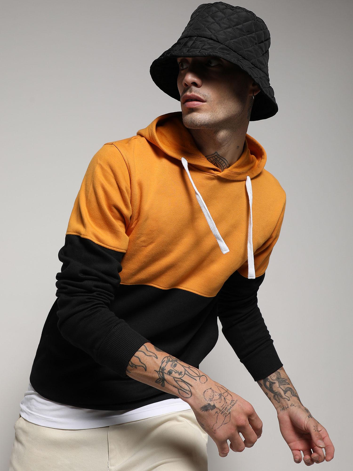 Men's Black & Mustard Yellow Pullover Hoodie With Ribbed Hem