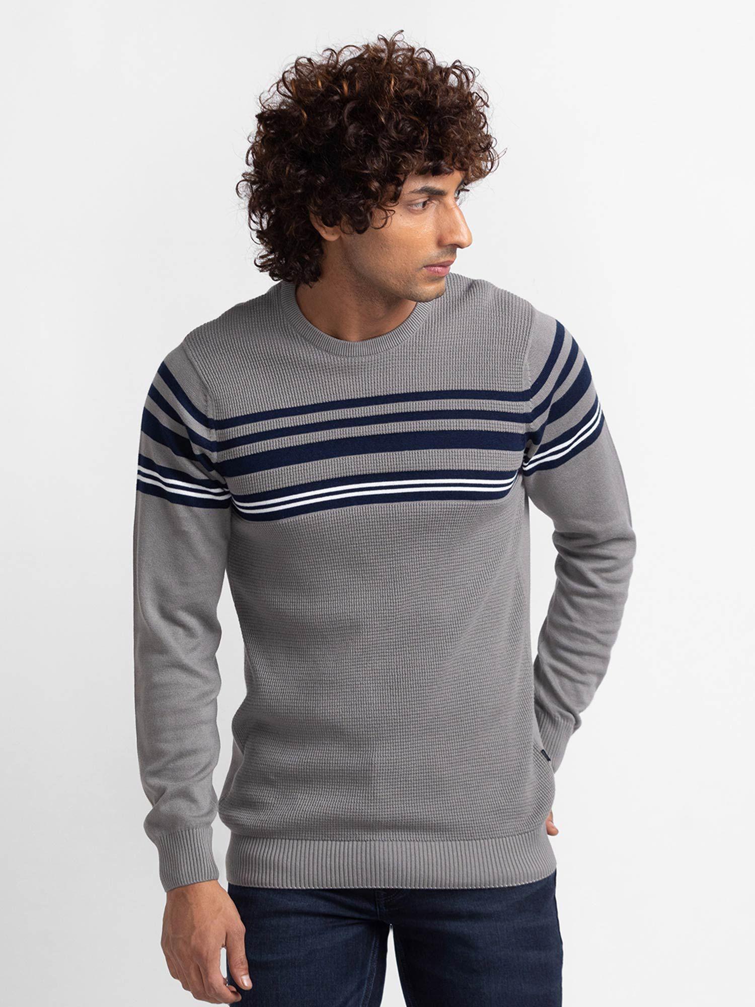 Cement Grey Navy Cotton Full Sleeve Casual Sweater