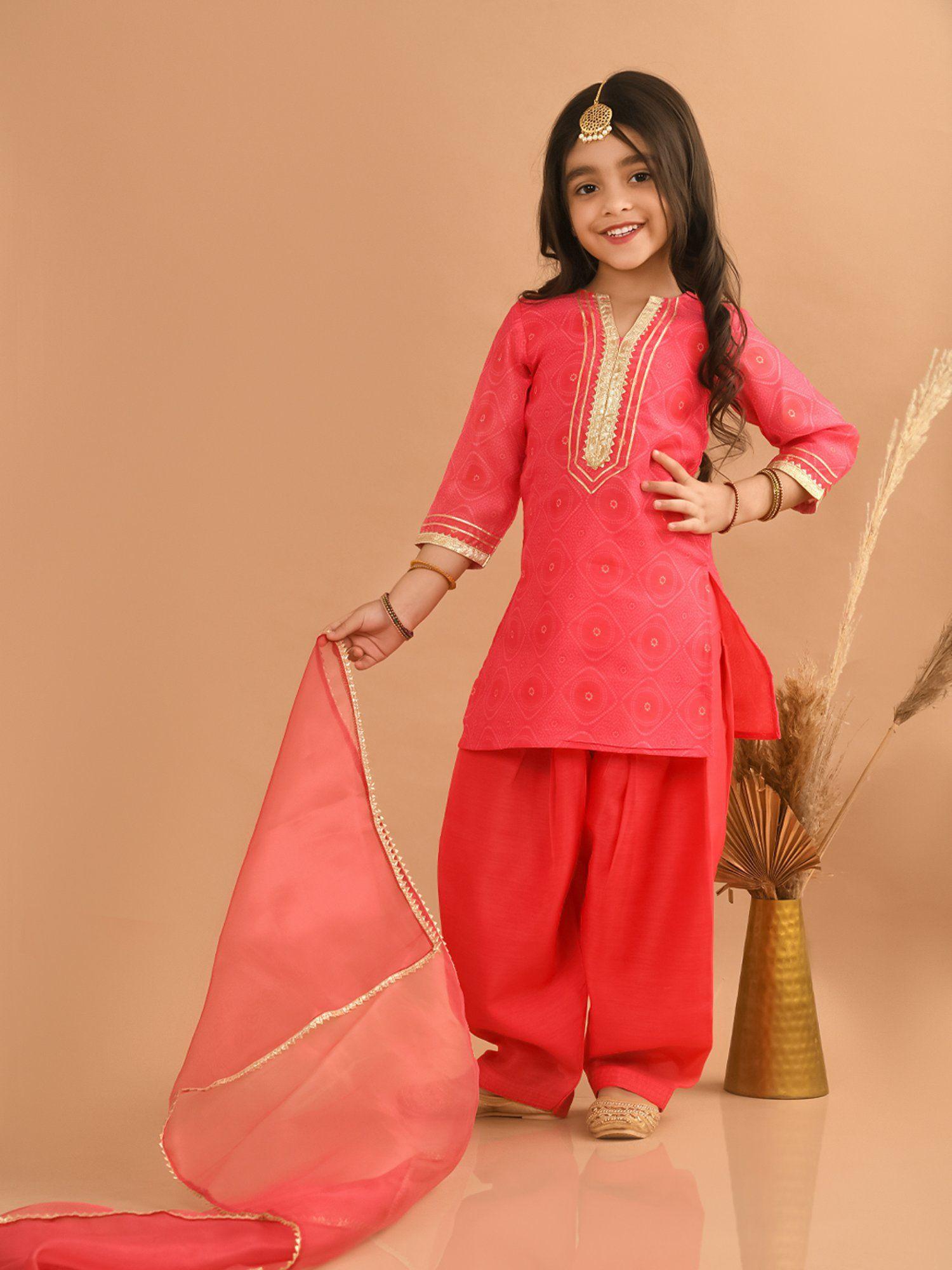 Ethnic Motif Printed Kurta Salwar Suit with Dupatta Pink (Set of 3)