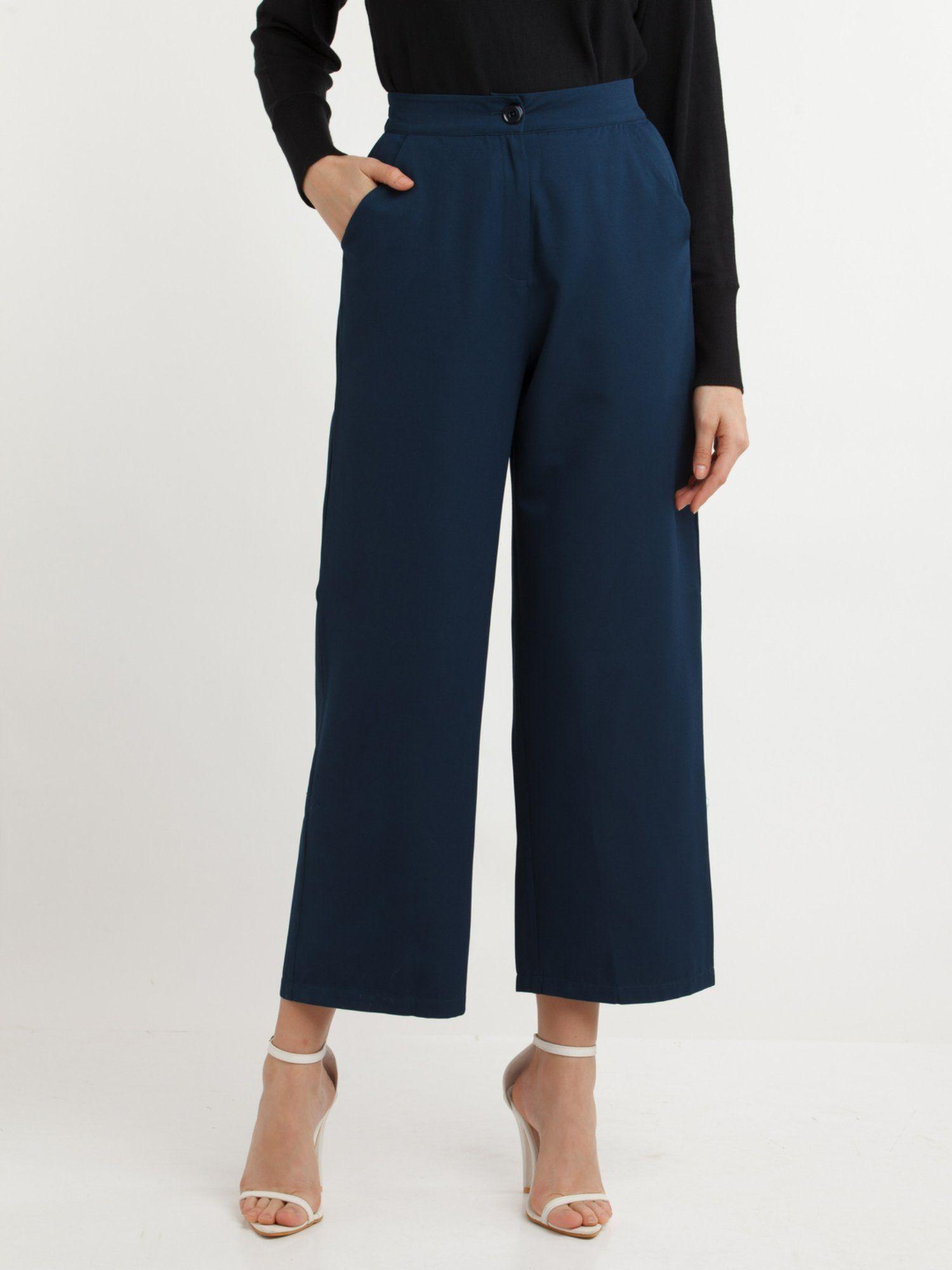 Womens Navy Blue Solid Pants