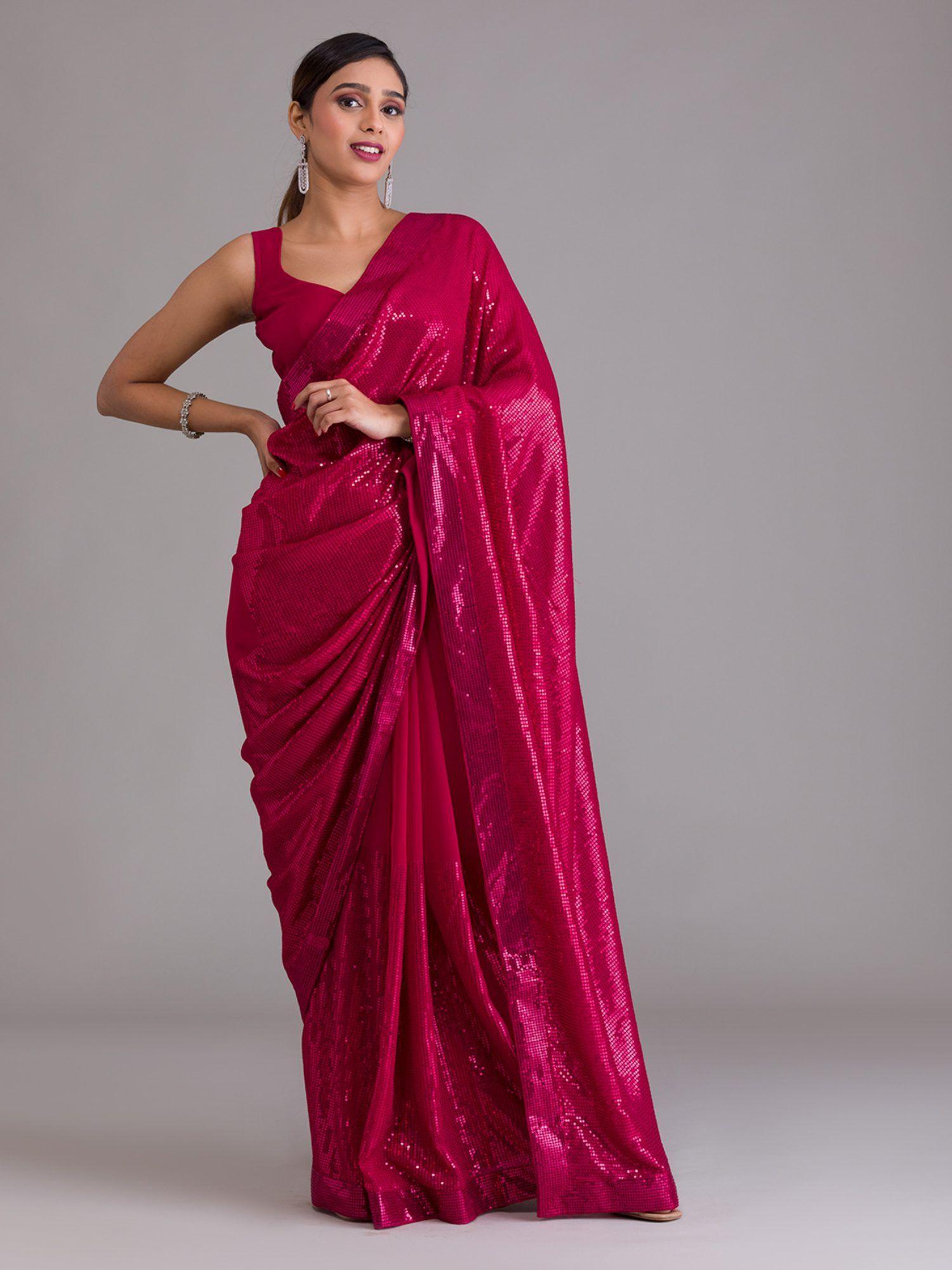 Rani Pink Sequin Georgette Saree With Unstitched Blouse
