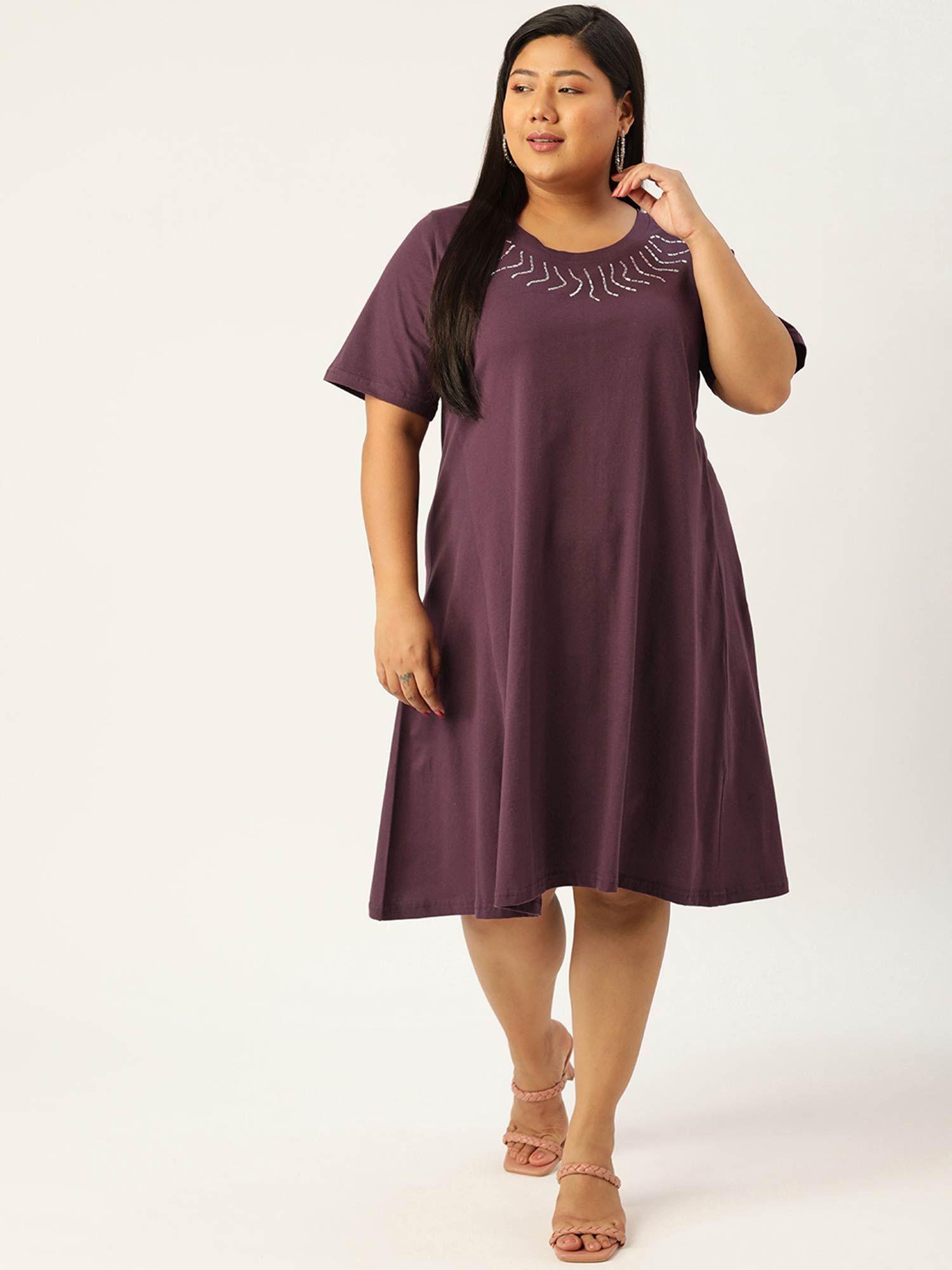 Womens Purple Solid Color Crystal Motify A-line Midi Dress